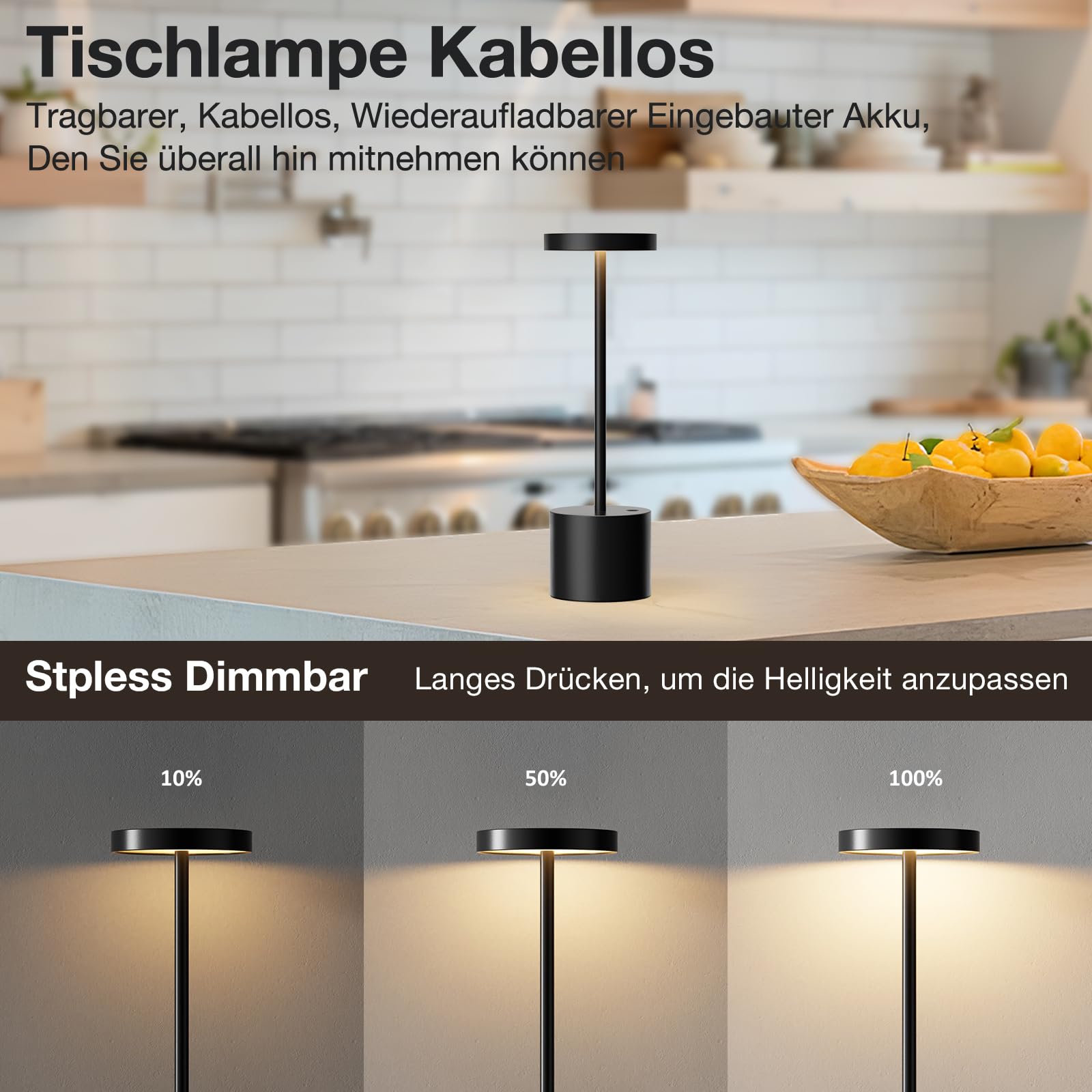 Tischlampe Batterie, LED Tischlampe Wireless, Tischlampe Wireless Batterie mit 3 Farbtemperaturen, Touch Nachttischlampe Dimmbar, kontinuierlich dimmbar für Schlafzimmer