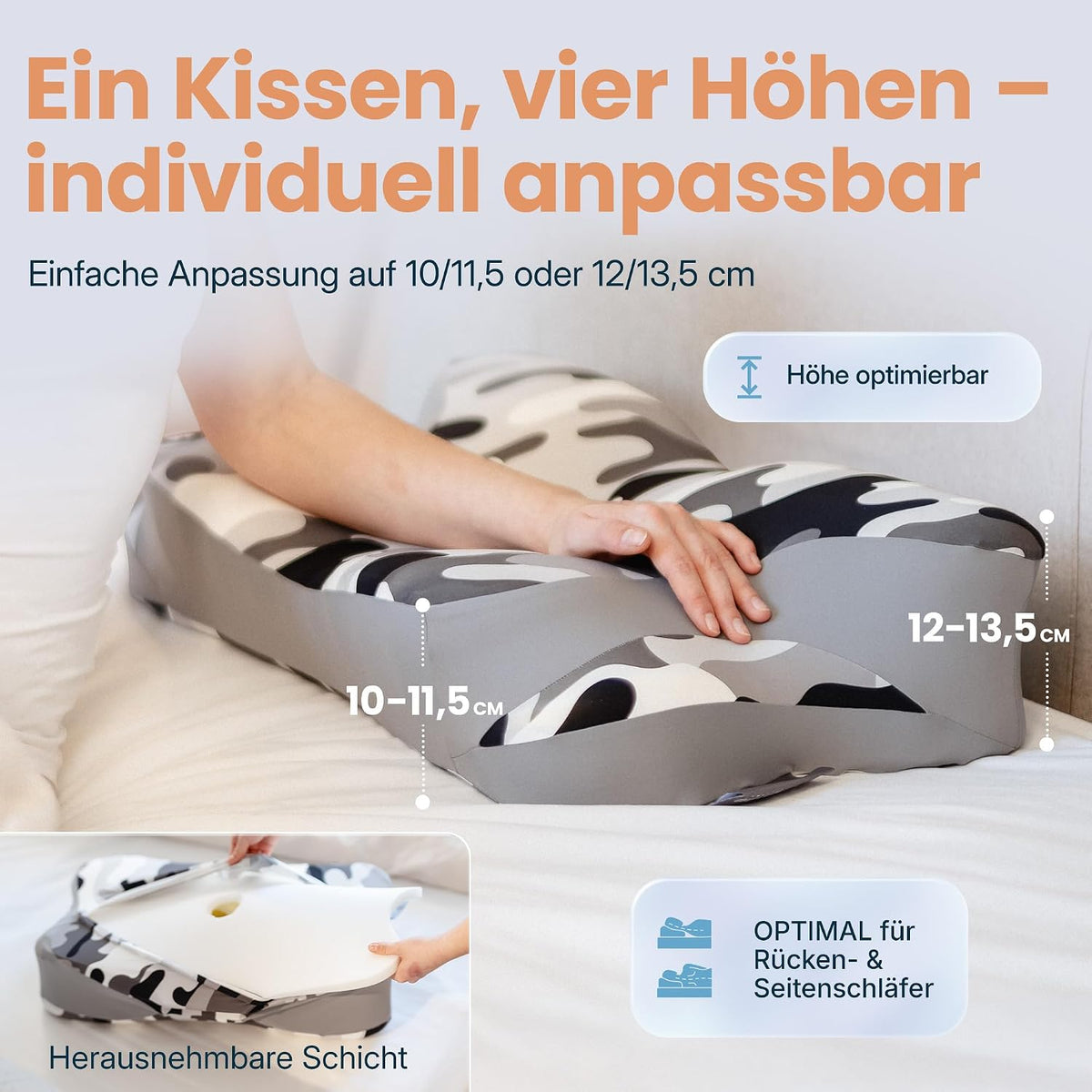 Nackenkissen – Ergonomisch - Höhenverstellbar -Seitenschläferkissen Nackenstützkissen Rückenschläferkissen Memory Foam Kopfkissen – Natürliche Nackenhaltung