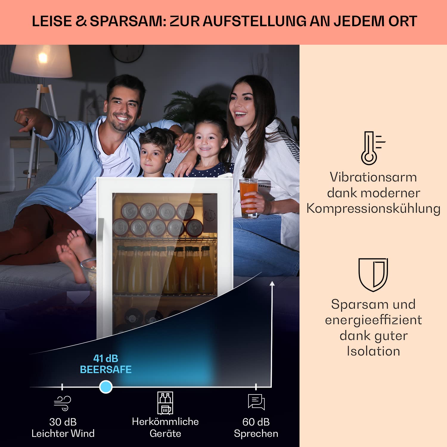 Beersafe Getränkekühlschrank 60 L – Mini Kühlschrank mit Glastür, Kupfer | LED-Beleuchtung, herausnehmbare Metallablagen, leise, Flaschenkühlschrank für Getränke & Dosen