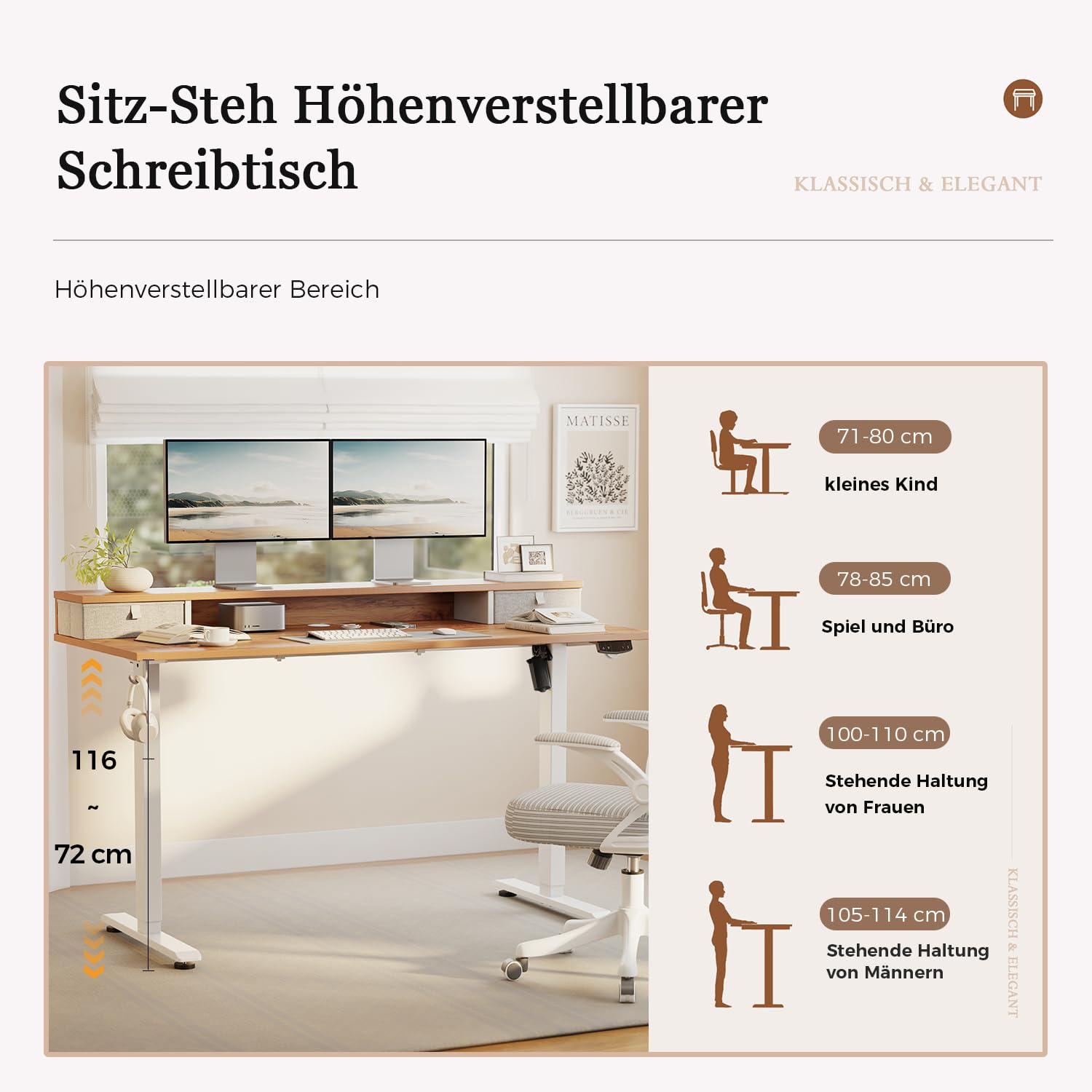 Höhenverstellbarer Schreibtisch mit Doppelschubladen, Elektrisch Höhenverstellbarer Schreibtisch, Sitz-Steh-Computertisch, Ergonomischer Stehschreibtisch