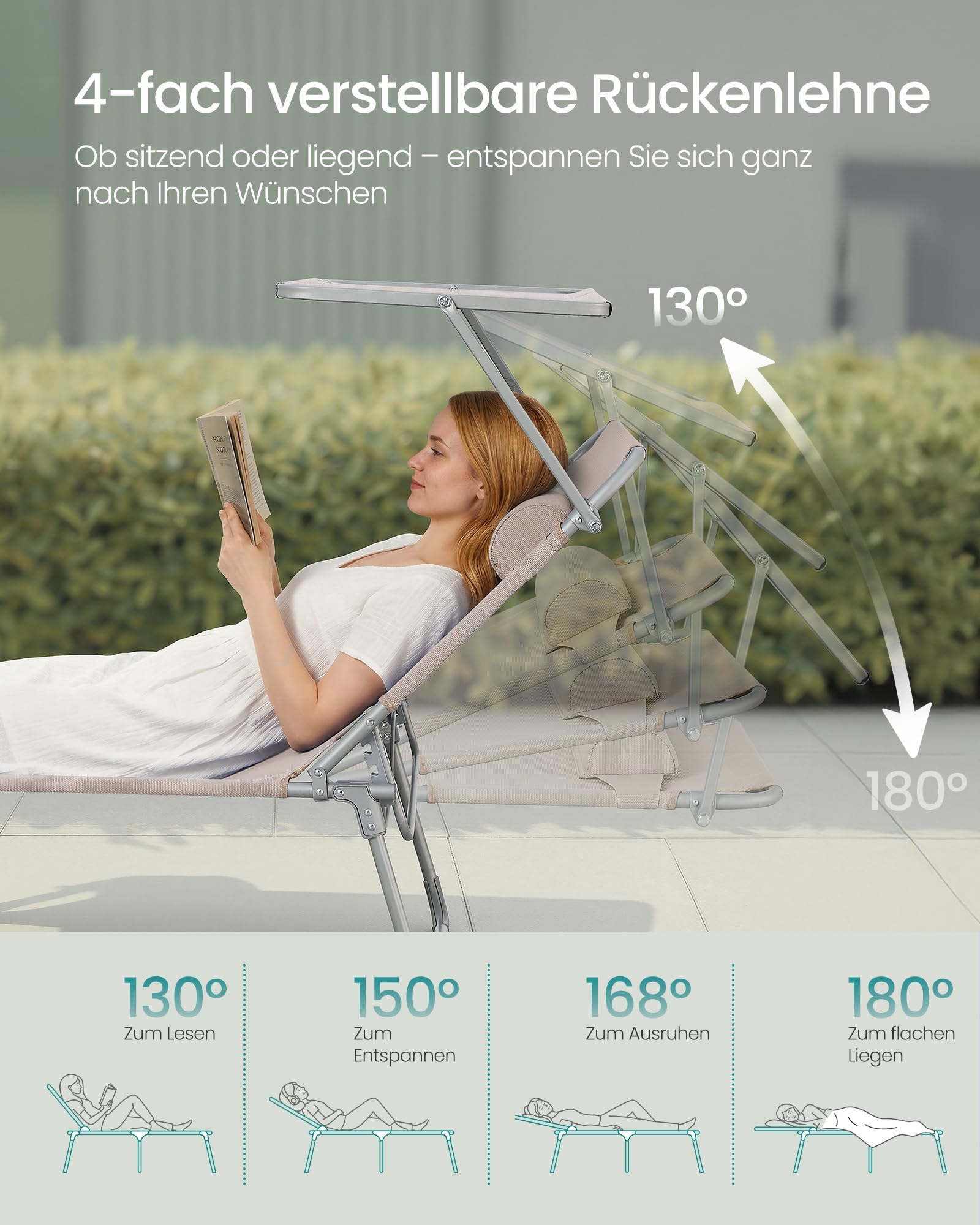Sonnenliege, klappbarer Liegestuhl, 193 x 53 x 29 cm, trägt bis zu 150 kg, Sonnenschutz, Kopfkissen, verstellbare Rückenlehne, für Garten, Pool, Terrasse