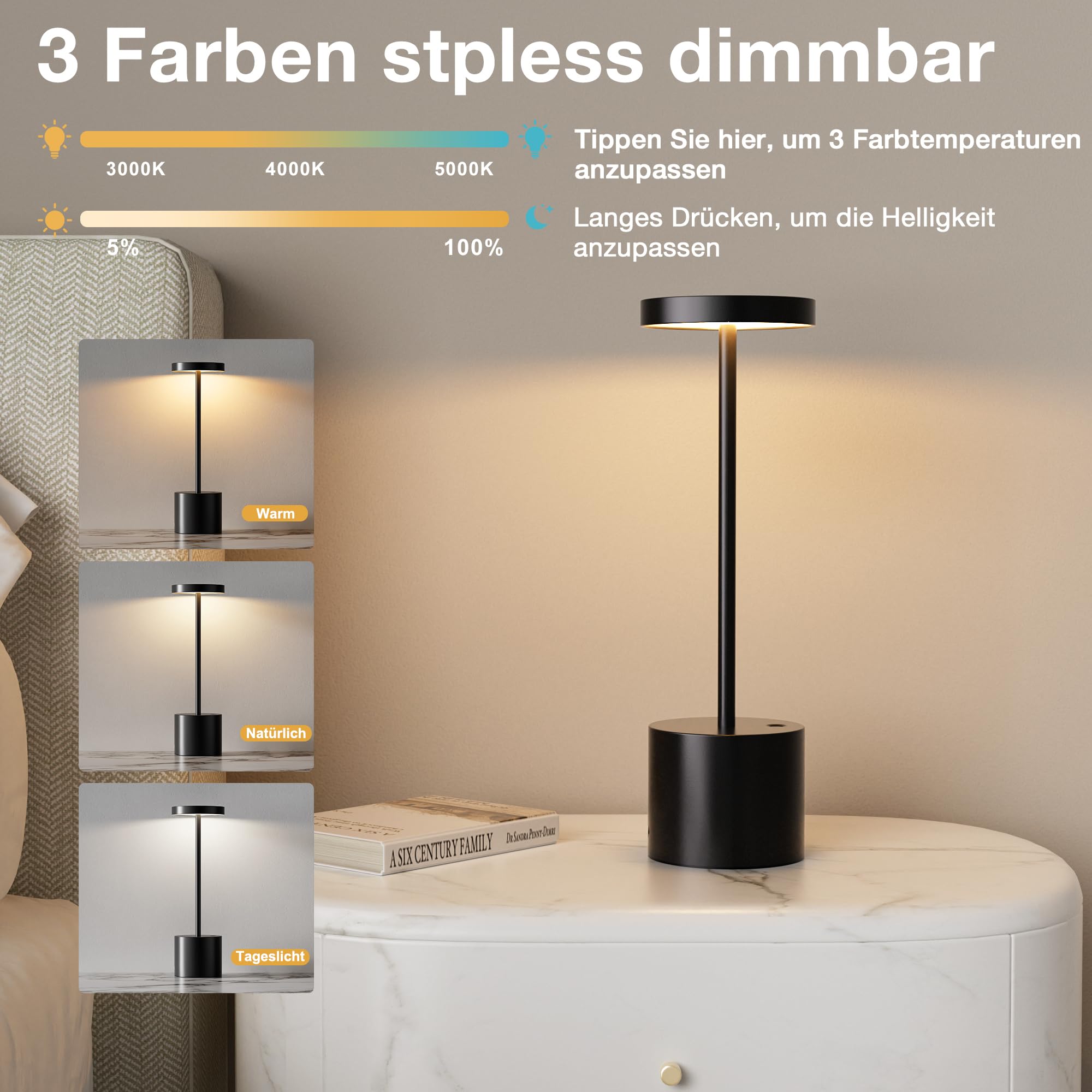 Tischlampe Batterie, LED Tischlampe Wireless, Tischlampe Wireless Batterie mit 3 Farbtemperaturen, Touch Nachttischlampe Dimmbar, kontinuierlich dimmbar für Schlafzimmer