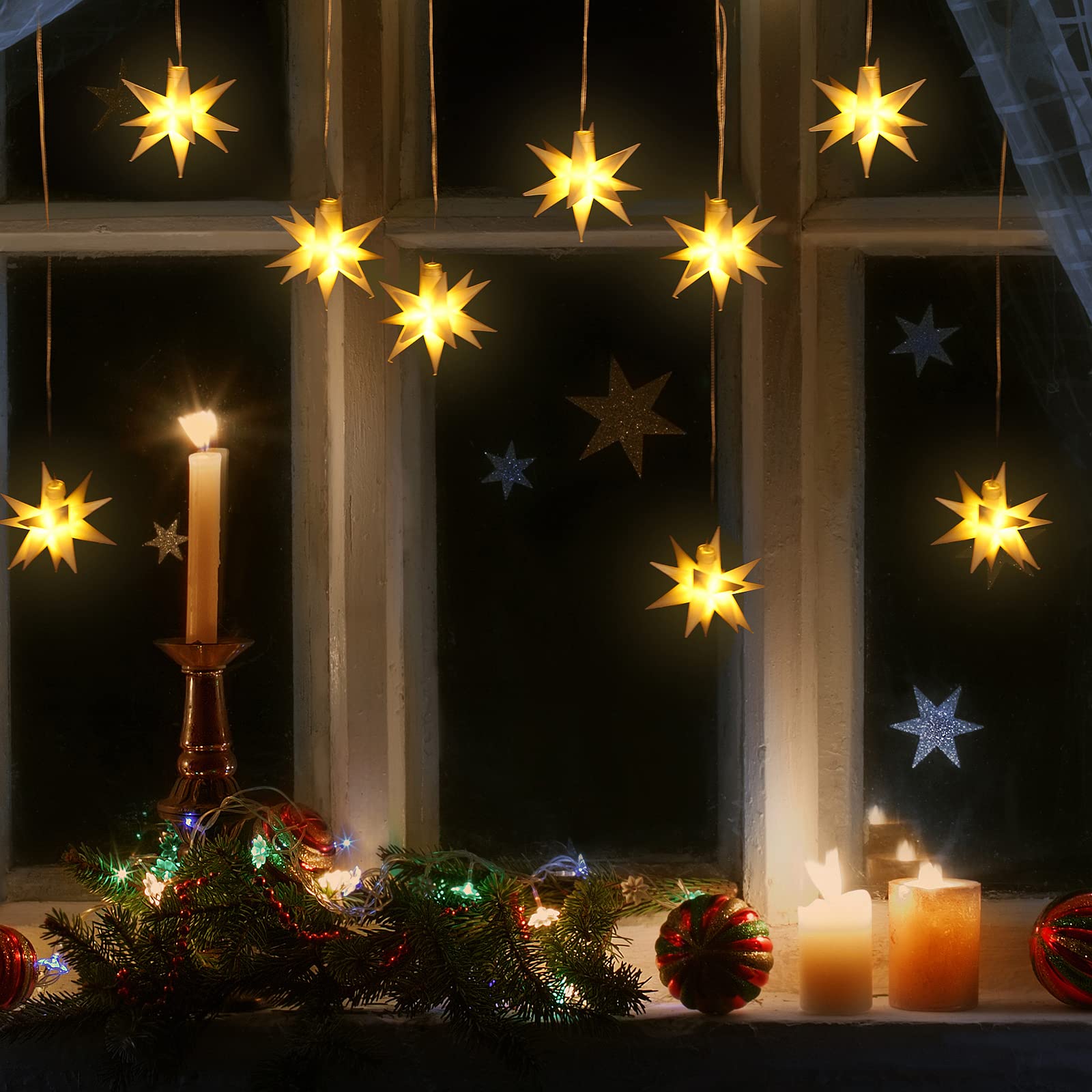 Set von 6 LED Weihnachtsstern beleuchtet Outdoor Indoor LED Star Batterie Weihnachtsdekoration 3D Leuchtender Stern Weihnachtsfenster Weiß