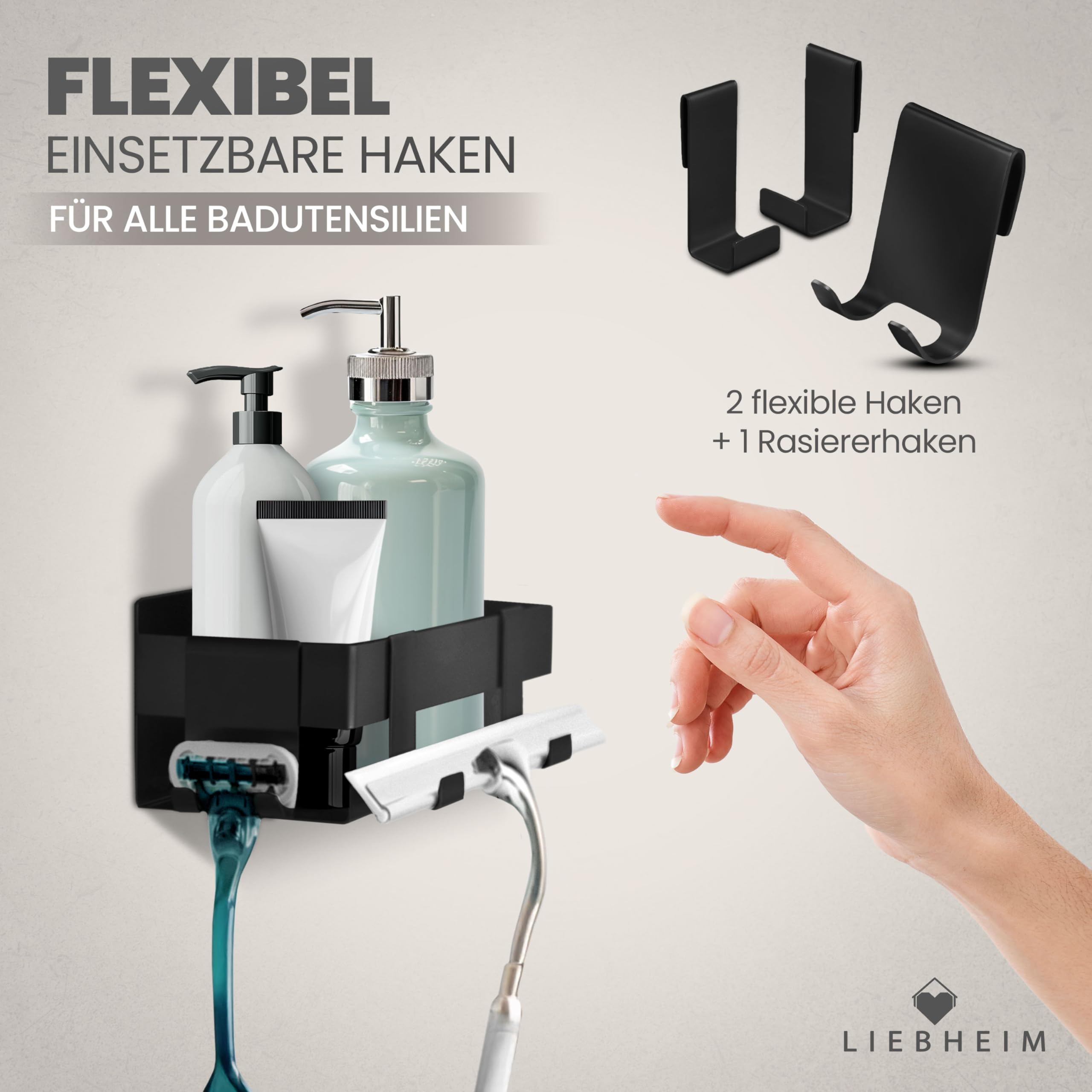 Duschablage Ohne Bohren - Badregal - Duschkorb - Bad Organizer | Massiv - silber gebürstet - 22 cm x 9 cm - 2 Klebevarianten für Nass- und Trockenbereich