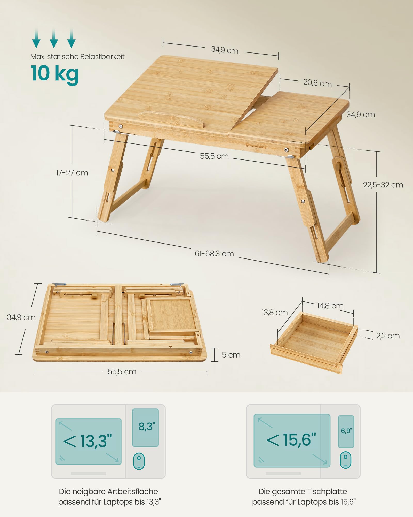 Laptoptisch für Bett, Laptopständer, Winkel- und höhenverstellbar, klappbare Beine, für Laptops bis 15,6 Zoll, Arbeiten, Lesen, Bambusbeine, Schublade, 55,5 x 34,9 cm, vintagebraun LLD105B01