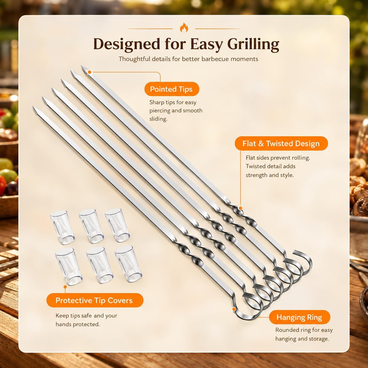 Schaschlikspieße Set, 6 Stück 40,5 cm Edelstahl Grillspieße mit 2 × 30 cm Spießhalter, Flache BBQ Spieße für Schaschlik, Fleisch und Gemüse, Wiederverwendbare Grillspieße, Grillzubehör