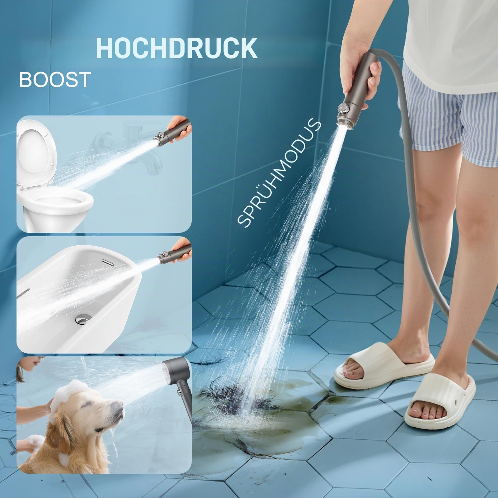 Duschkopf mit Schlauch 1,5 m, 5 Strahlarten und 3 Filtern