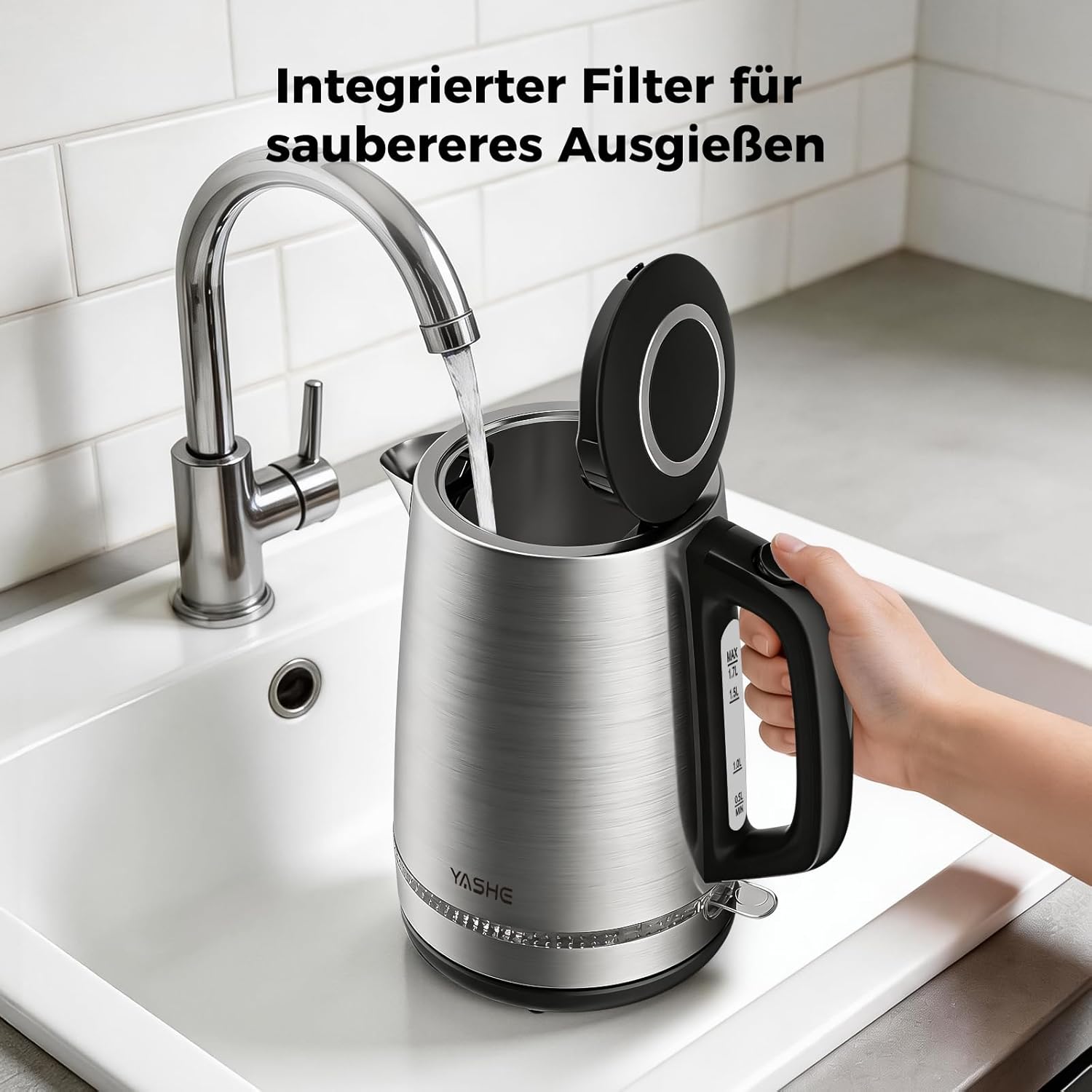 Wasserkocher mit Temperatureinstellung 1,7L 2200W Glas | 5 Temperaturstufen, 5 Farben LED, 30 Min Warmhaltefunktion, Kabellos, Kalkfilter, Abschaltautomatik