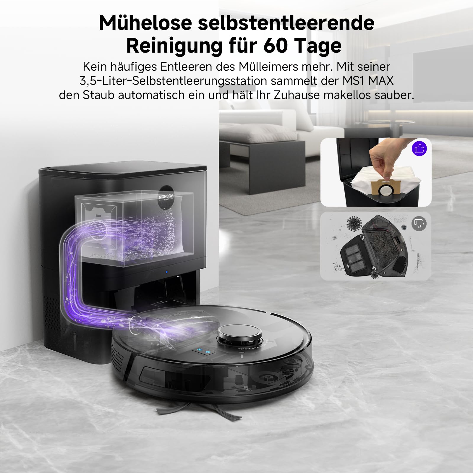 Saugroboter mit Wischfunktion, 3.5L Staubsauger Roboter mit Absaugstation, 5000Pa Saugkraft, 180Min Laufzeit, LiDAR Navigation, Starke Saugkraft ideal für Teppich und Tierhaare, APP Steuerung