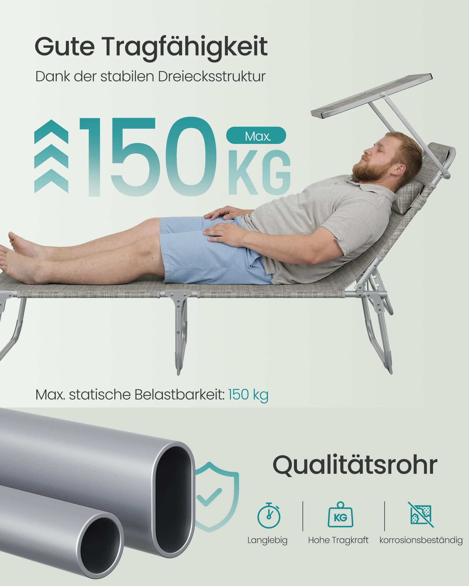 Sonnenliege, klappbarer Liegestuhl, 193 x 53 x 29 cm, trägt bis zu 150 kg, Sonnenschutz, Kopfkissen, verstellbare Rückenlehne, für Garten, Pool, Terrasse
