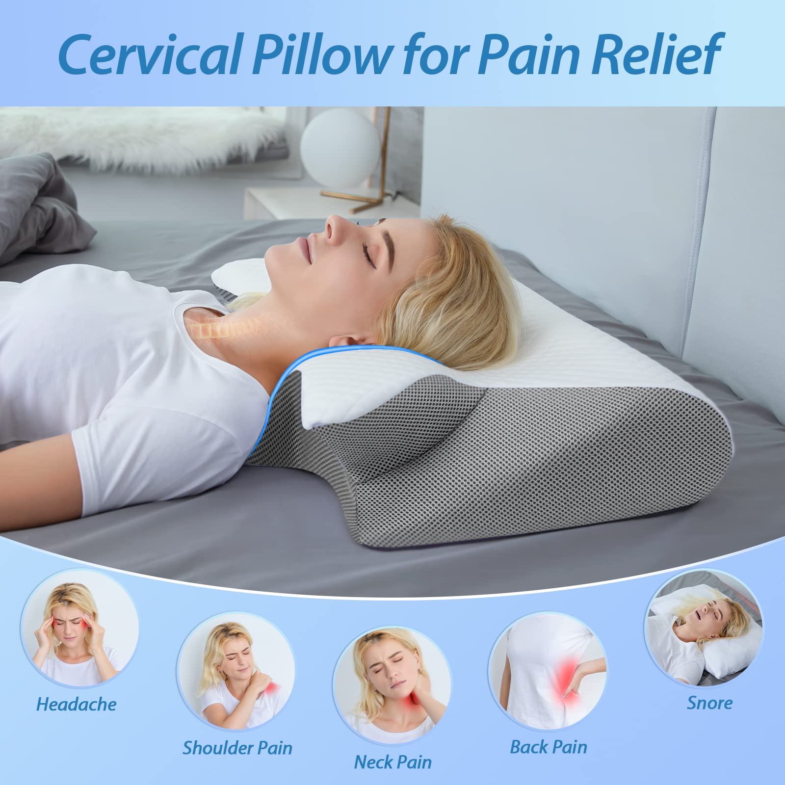 2 in 1 Ergonomisches Nackenkissen Orthopädisches Kopfkissen Memory Foam Kissen für Rücken-, Seiten- und Bauchschläfer, 60x40x12/14cm