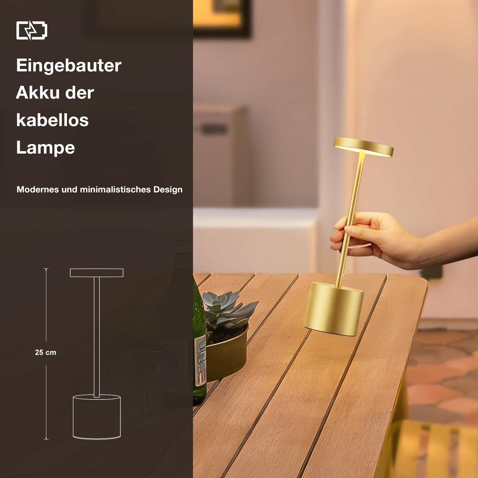 Tischlampe Batterie, LED Tischlampe Wireless, Tischlampe Wireless Batterie mit 3 Farbtemperaturen, Touch Nachttischlampe Dimmbar, kontinuierlich dimmbar für Schlafzimmer