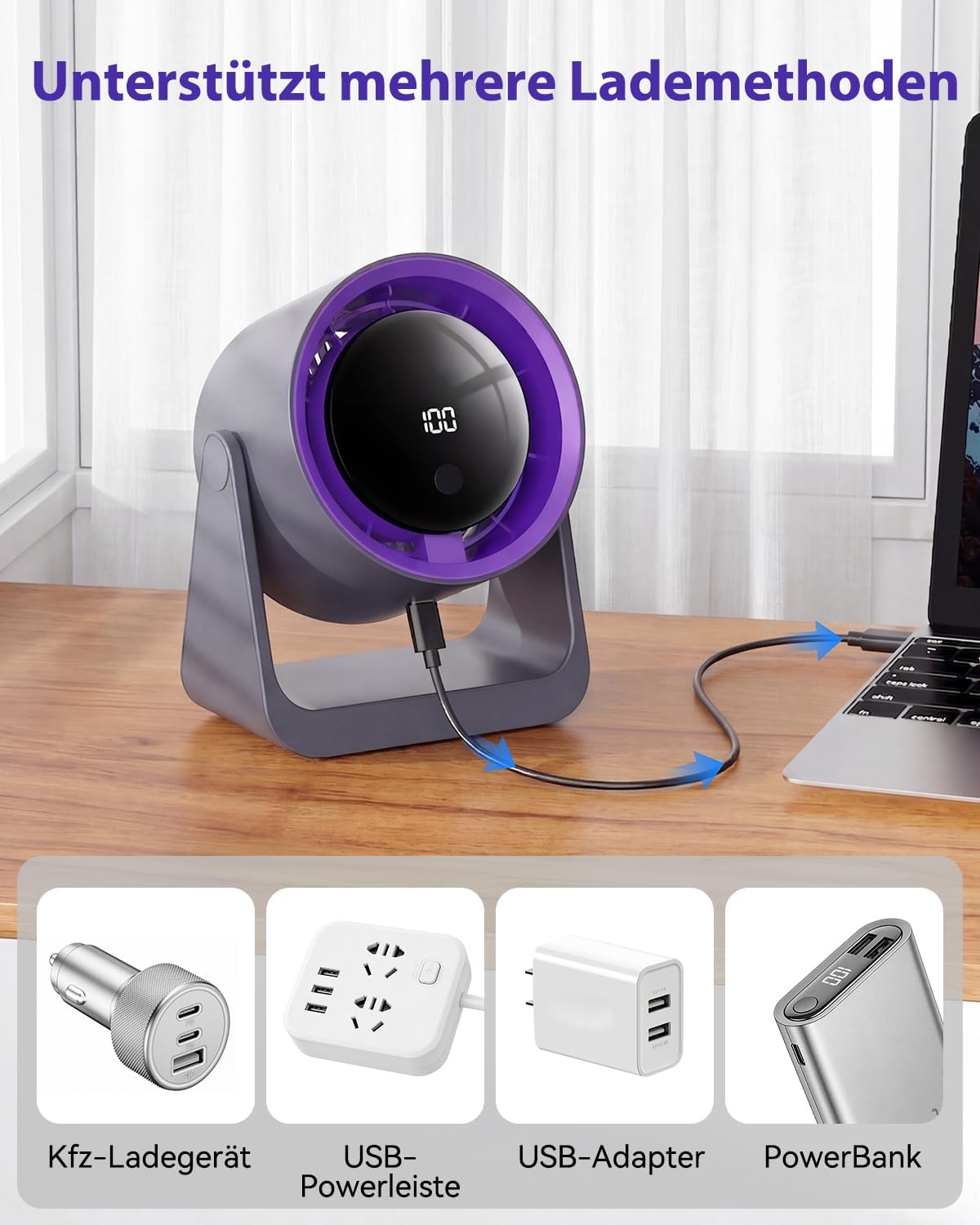 Leiser Turbo Tischventilator mit Digitalem LED-Display, 100-stufig einstellbar & 360° neigbar - 3600mAh USB-wiederaufladbar - Ideal für Büro, Schlafzimmer, Zuhause & Outdoor
