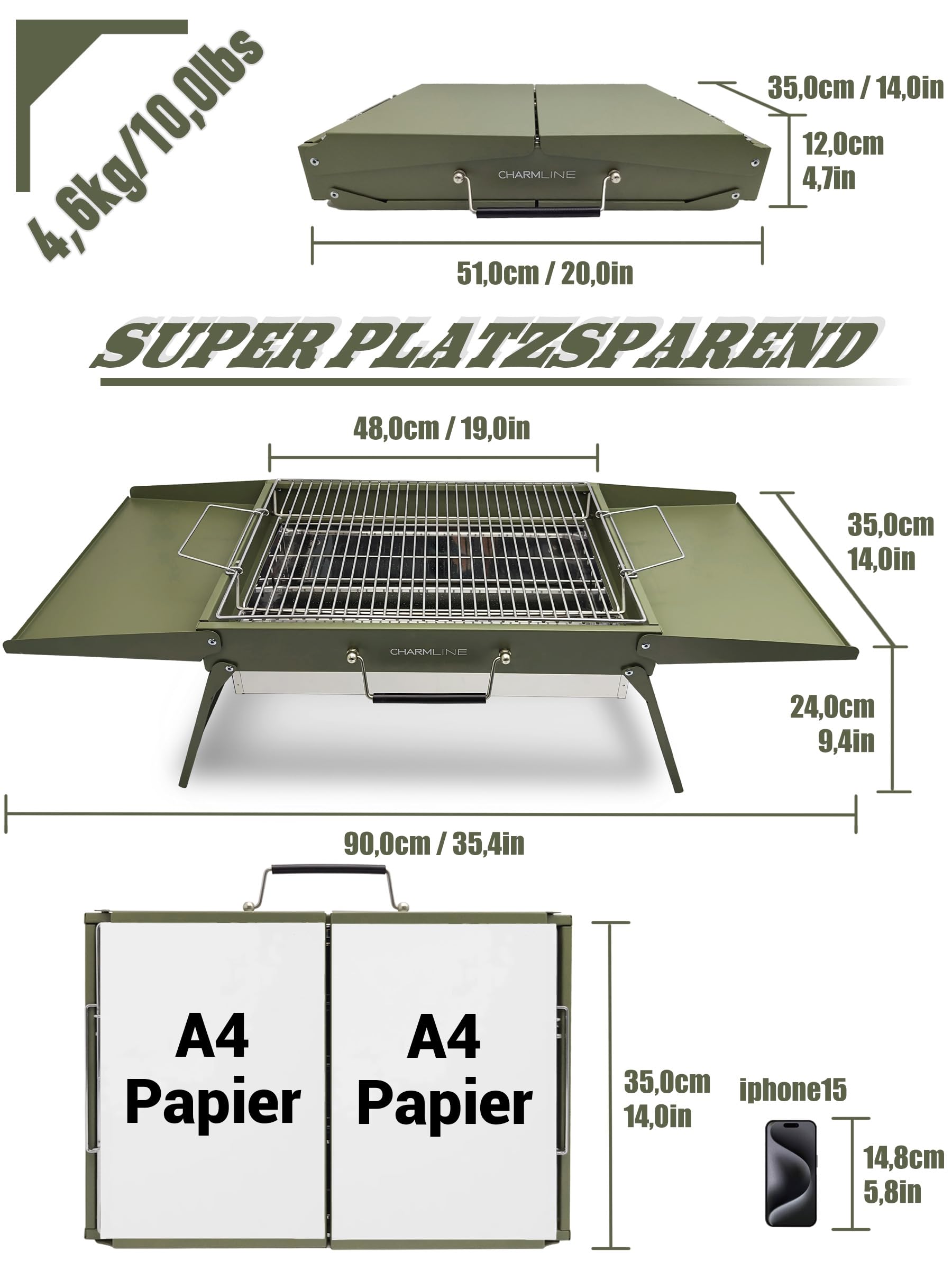 Tragbarer Holzkohlegrill, Klappbarer Campinggrill 35 x 23 cm für 1–3 Personen, Mini BBQ Grill für Balkon, Garten, Camping, Picknick und Strand