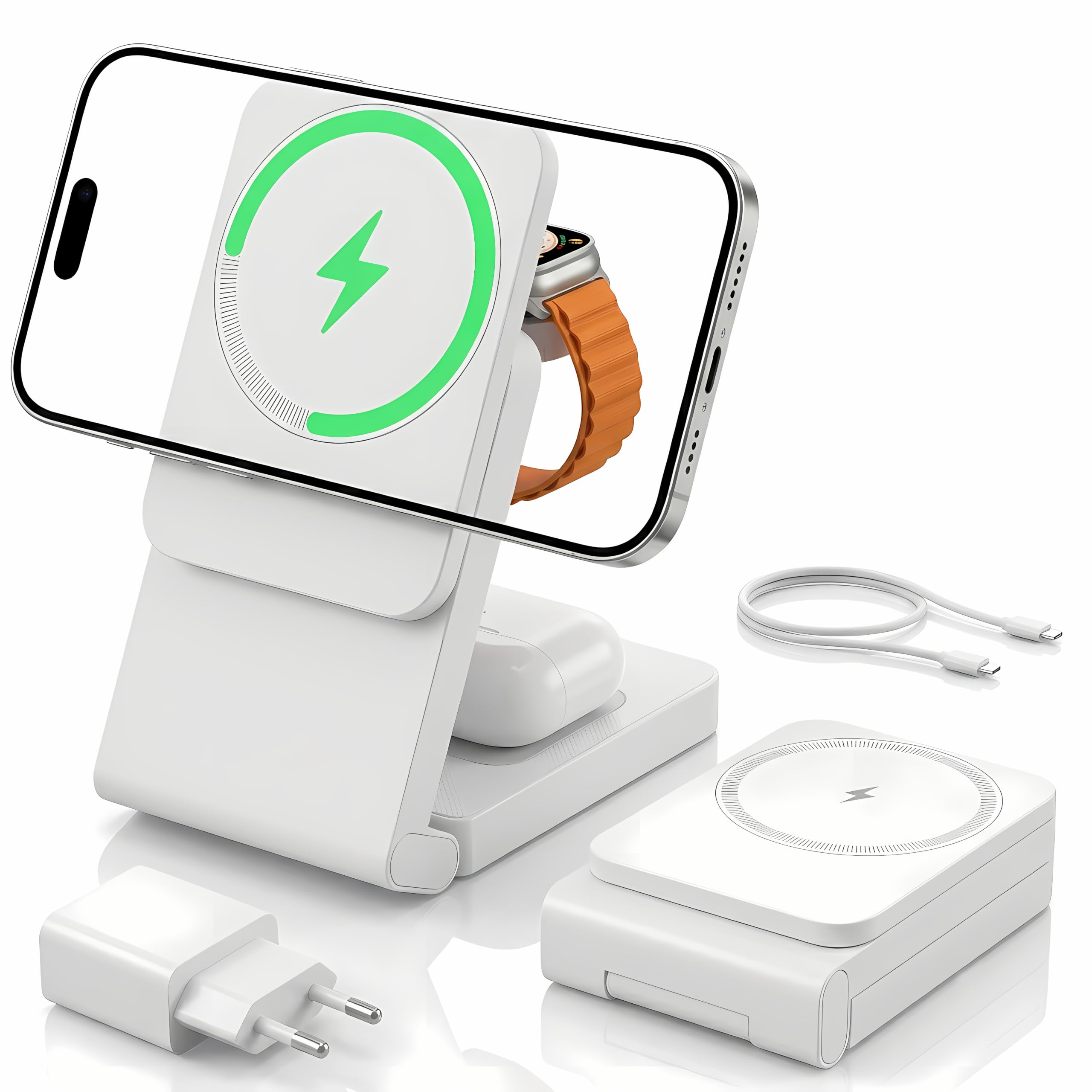 3 in 1 MagSafe Induktive Ladestation, Kabelloses Ladegerät QI2.2 | Magnet Induktionsladegerät für iPhone 12-17 Serie/Apple Watch/AirPods, Wireless Charger Stand mit 20W Adapter, Silber-Schwarz