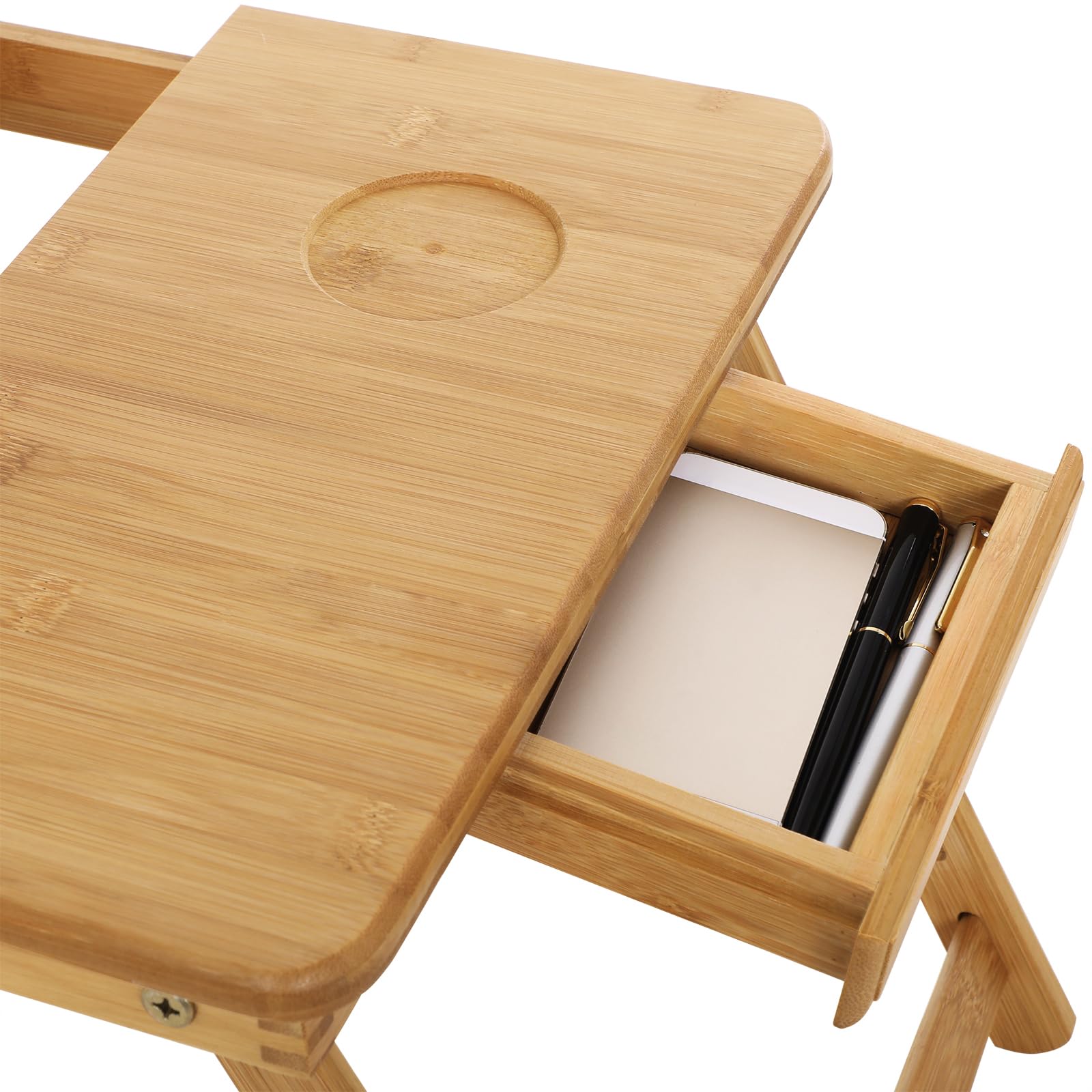 Laptoptisch für Bett, Laptopständer, Winkel- und höhenverstellbar, klappbare Beine, für Laptops bis 15,6 Zoll, Arbeiten, Lesen, Bambusbeine, Schublade, 55,5 x 34,9 cm, vintagebraun LLD105B01