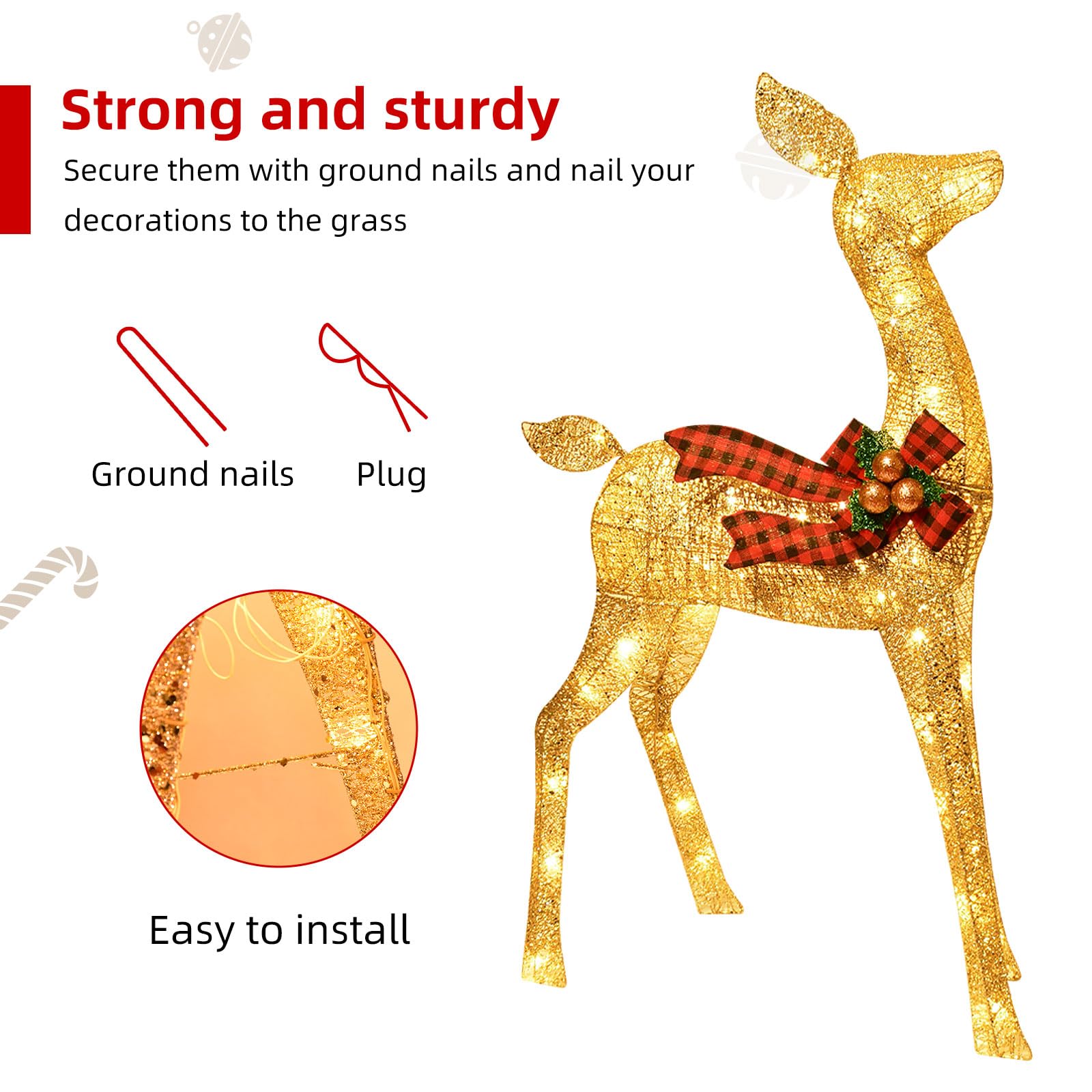 Beleuchtete Weihnachtsdekoration Deer 3 Stücke, Beleuchtete Weihnachtsdekoration Reindeer Familienset für Indoor Outdoor Vorderveranda mit LED, Stecker, Verlängerungskabel, Bodenpfähle, Gold