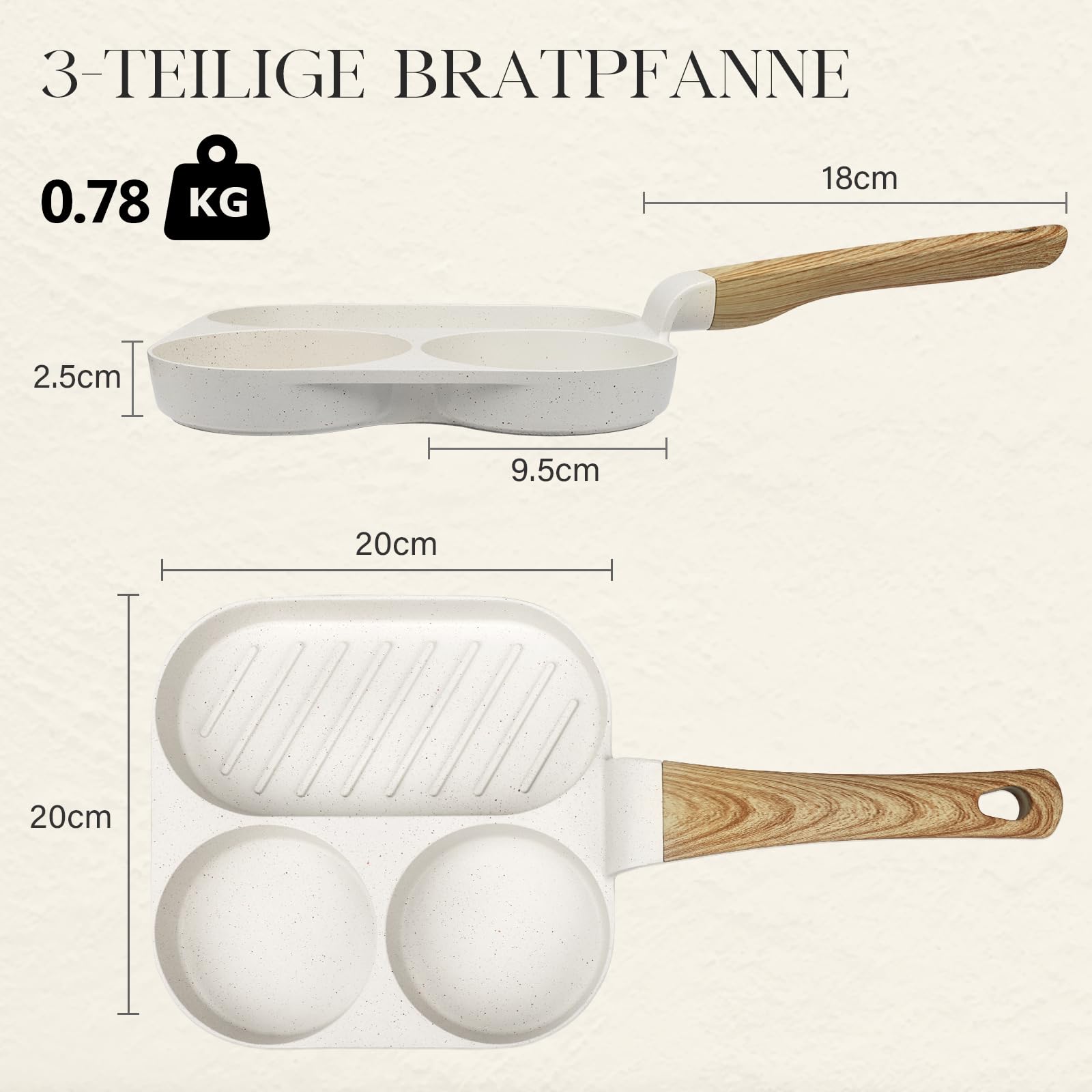Spiegeleipfanne, 3-Loch Omlettenpfanne, Granit-Antihaftbeschichtung, PFOS/PFOA-Frei Eierpfanne für Gebratenes Frühstück/Eier/Wurst/Speck, Weiß