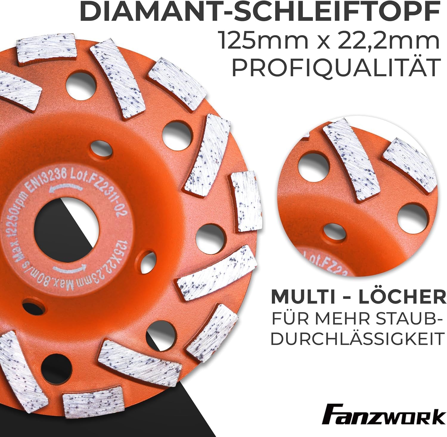 Absaugaufsatz Absaughaube für Winkelschleifer inkl. 125 mm Diamantschleiftopf PROFI QUALITÄT – Bürsten auswechselbar – 99% universal passend – verstärkter Adapterring – M14 Adapter