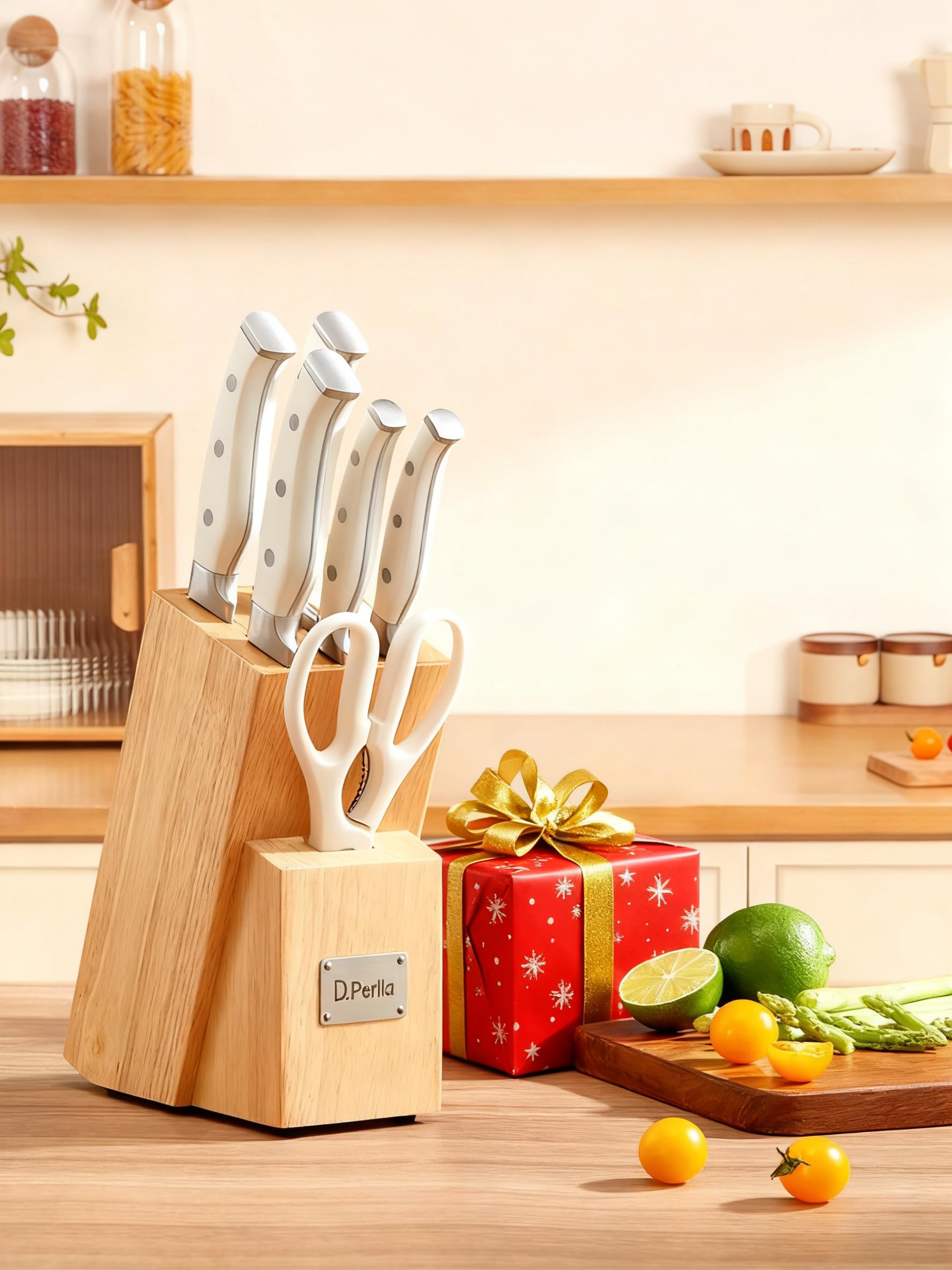 Messerblock Set, 14-teiliger selbstschärfender Messerblock mit Messer, scharfer Edelstahlmessersatz mit Kunststoffgriff und Holzblock, professionelles Küchenmesserset