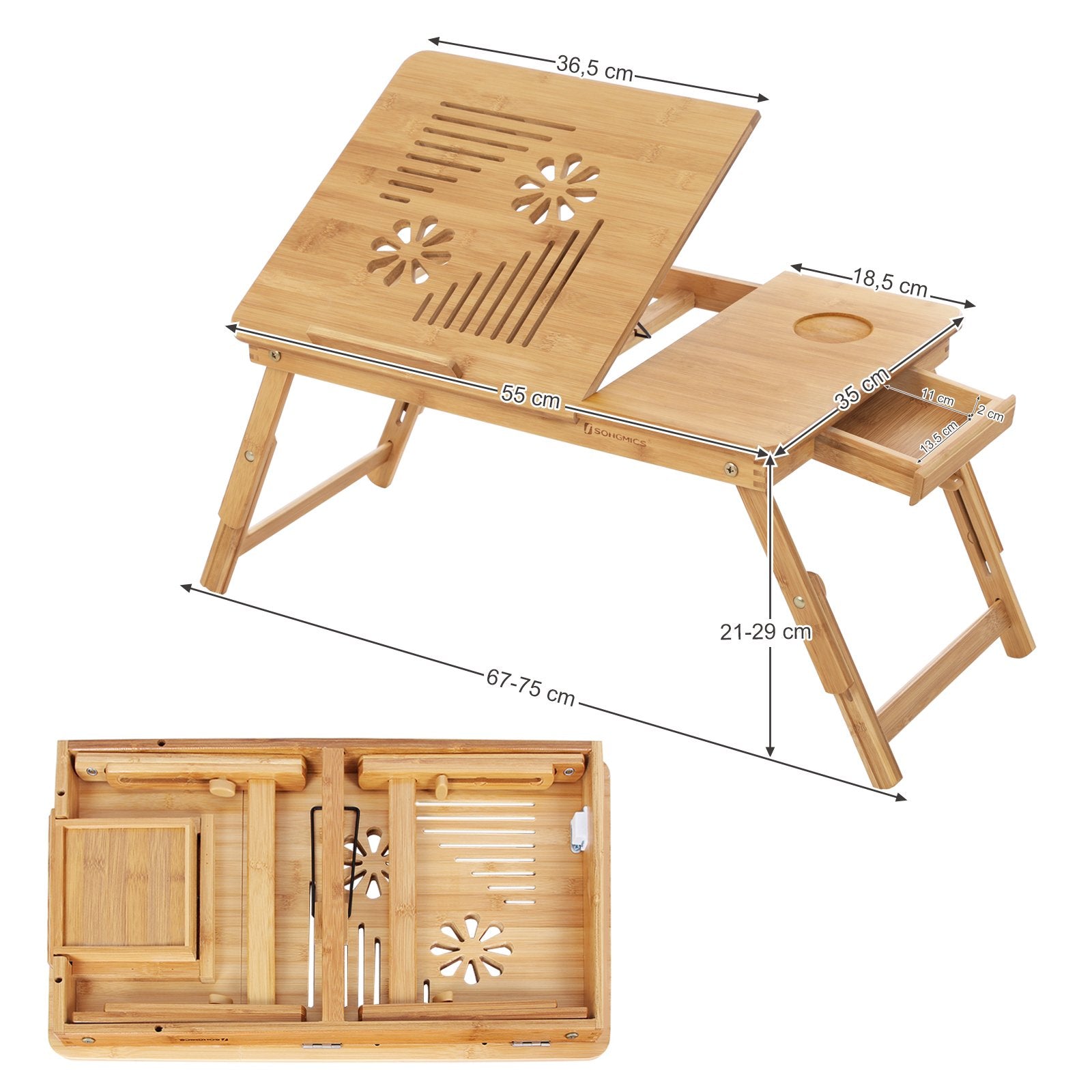Laptoptisch für Bett, Laptopständer, Winkel- und höhenverstellbar, klappbare Beine, für Laptops bis 15,6 Zoll, Arbeiten, Lesen, Bambusbeine, Schublade, 55,5 x 34,9 cm, vintagebraun LLD105B01
