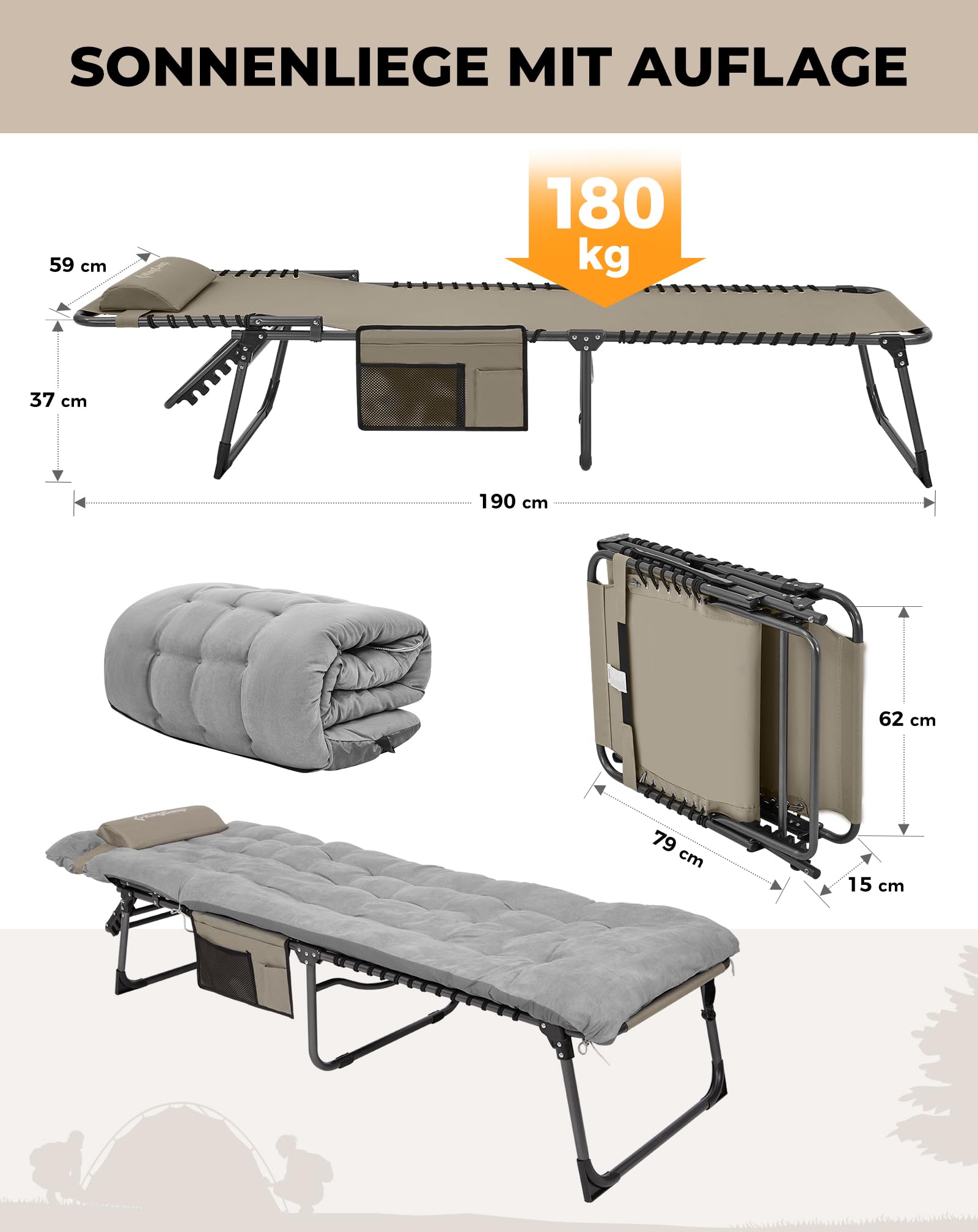 Sonnenliege Klappbar 5-Verstellbare, bis 180 kg, 2er Set, Blau | Gartenliege Klappbar, mit Kopfstütze & Seitentasche, Sonnenliege Wetterfest, Strandliege für Garten Terrasse Pool Camping