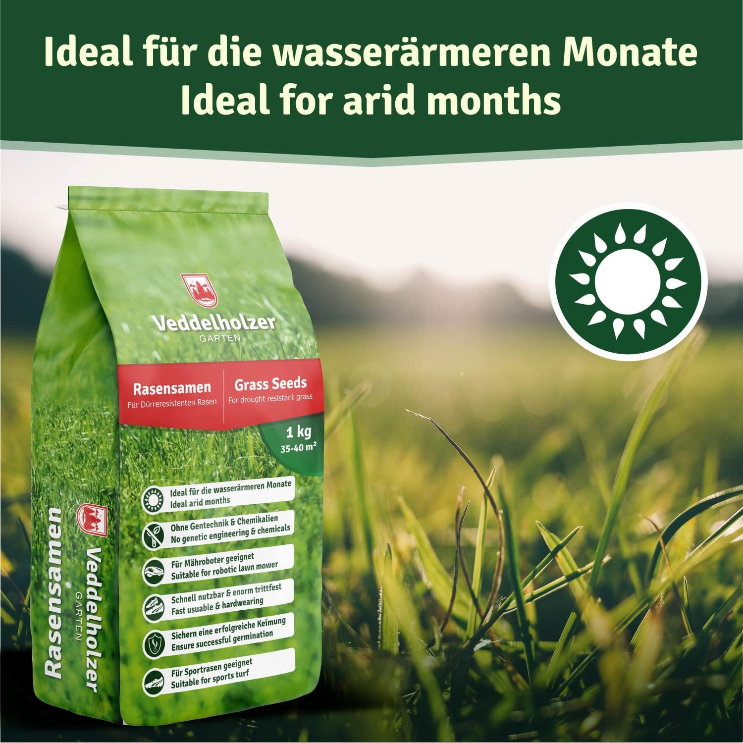 Rasensamen dürreresistent für Trockenrasen & Schattenrasen Samen Grassamen schnellkeimend ideal als Saatgut für Sport und Spielrasen Rasen für Mähroboter im Garten geeignet 1 kg = 40 m²