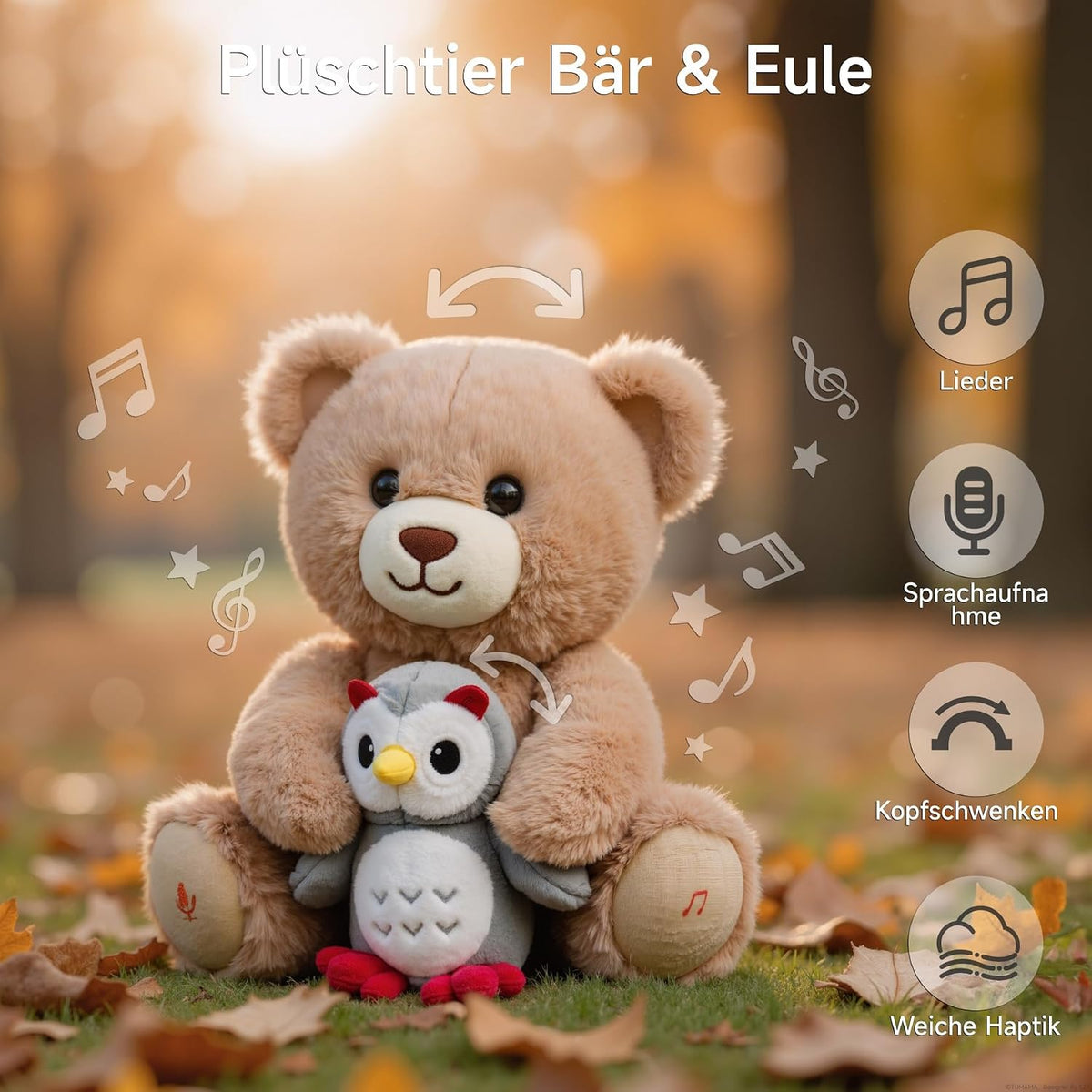 Musikalischer Kuschelbär mit Eule, Interaktives Sprechendes Plüschtier, Aufnahme Wiederholungsfunktion Stofftier, Geschenk für Kinder, Baby