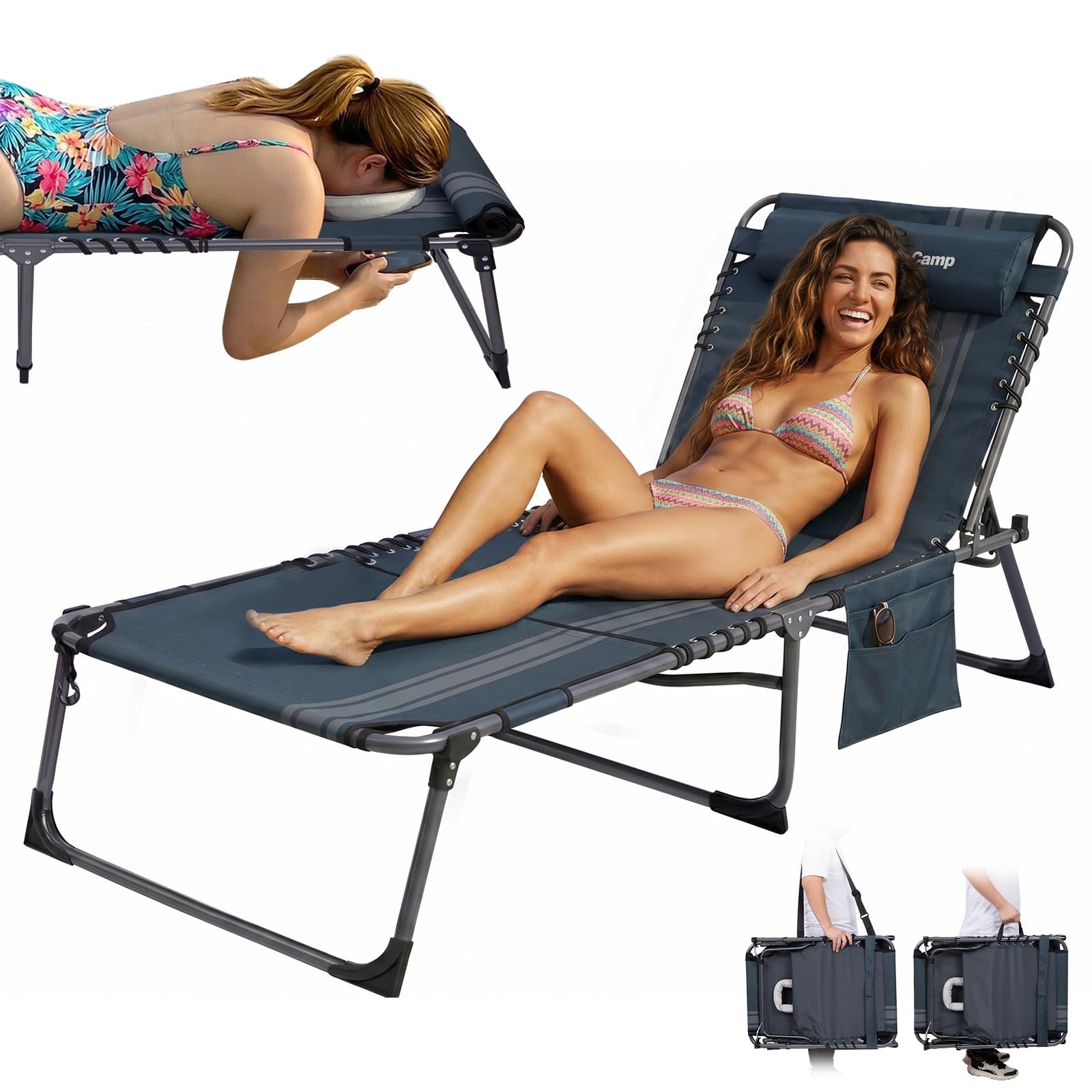 Sonnenliege Klappbar 5-Verstellbare, bis 180 kg, 2er Set, Blau | Gartenliege Klappbar, mit Kopfstütze & Seitentasche, Sonnenliege Wetterfest, Strandliege für Garten Terrasse Pool Camping