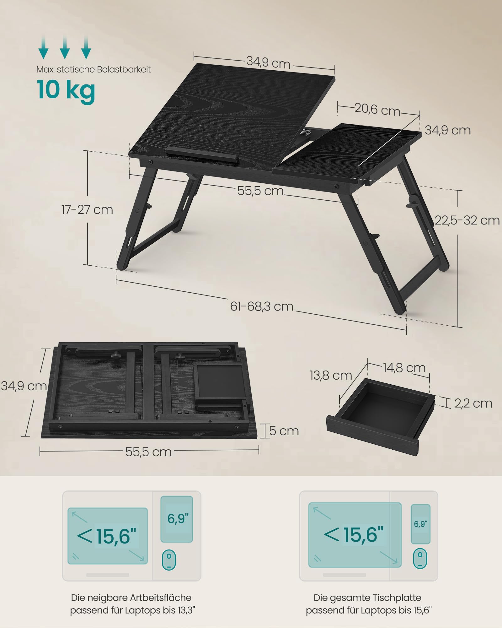 Laptoptisch für Bett, Laptopständer, Winkel- und höhenverstellbar, klappbare Beine, für Laptops bis 15,6 Zoll, Arbeiten, Lesen, Bambusbeine, Schublade, 55,5 x 34,9 cm, vintagebraun LLD105B01