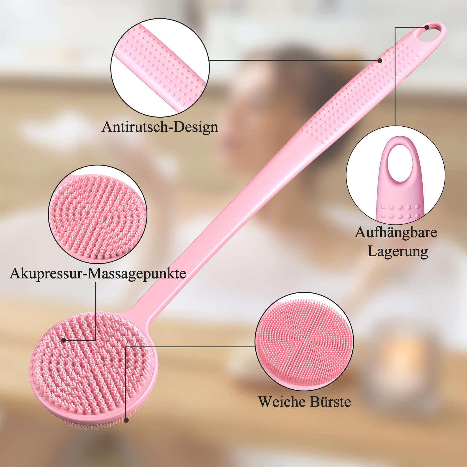 Silikon Rückenschrubber für Die Dusche, Silikon Körperschrubber mit Langem Griff, Rückenschrubber, Abgestorbene Haut entfernen und Massage