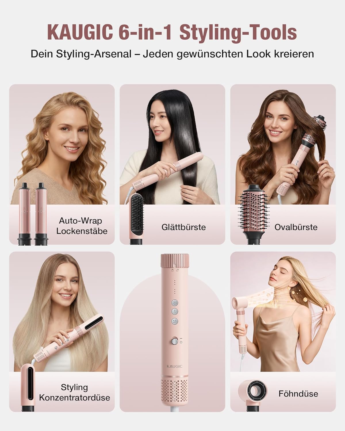 6-in-1 Hairstyler, Airstyler, Lockenstab, 110000 U/Min Hochgeschwindigkeit Lonen Föhn Locken oder Glätten, Föhnbürste Warmluftbürste Rundbürstenföhn Lockenföhn Haartrockner- Rosa
