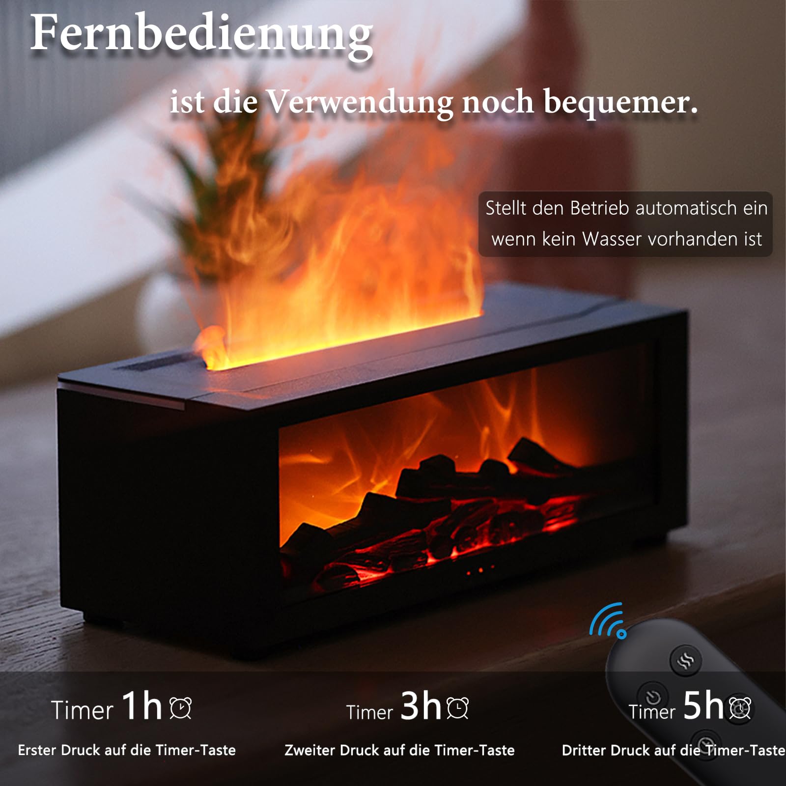 Aroma Diffusor mit LED-Kamin, Duftöl Diffusor für ätherische Öle mit 7-farbigem Lichtflammeneffekt, 150 ml Luftbefeuchter mit Fernbedienung, 4-Timer, Wasserloses Automatisches Ausschalten