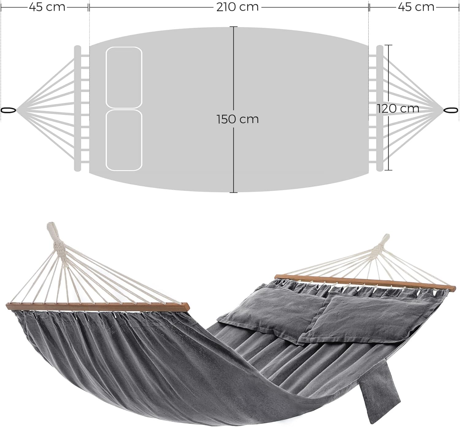 Hängematte, Outdoor, mit 2 Holzstangen, mit 2 Kissen, bis zu 300 kg belastbar, 210 x 150 cm, grau