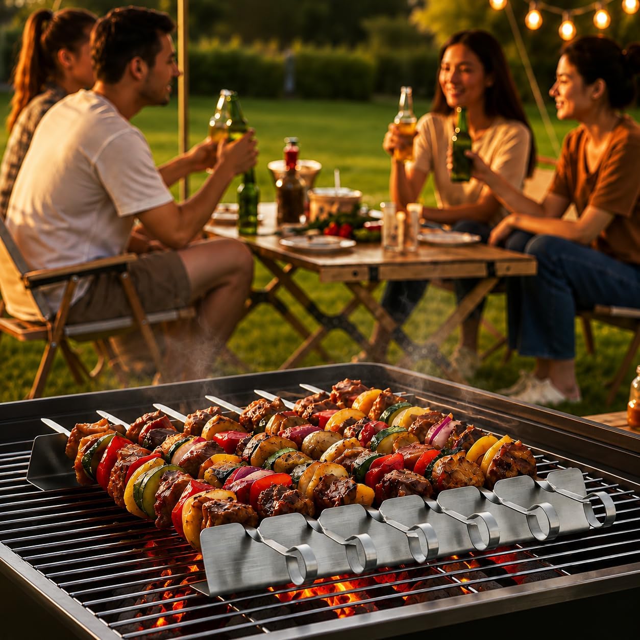 Schaschlikspieße Set, 6 Stück 40,5 cm Edelstahl Grillspieße mit 2 × 30 cm Spießhalter, Flache BBQ Spieße für Schaschlik, Fleisch und Gemüse, Wiederverwendbare Grillspieße, Grillzubehör