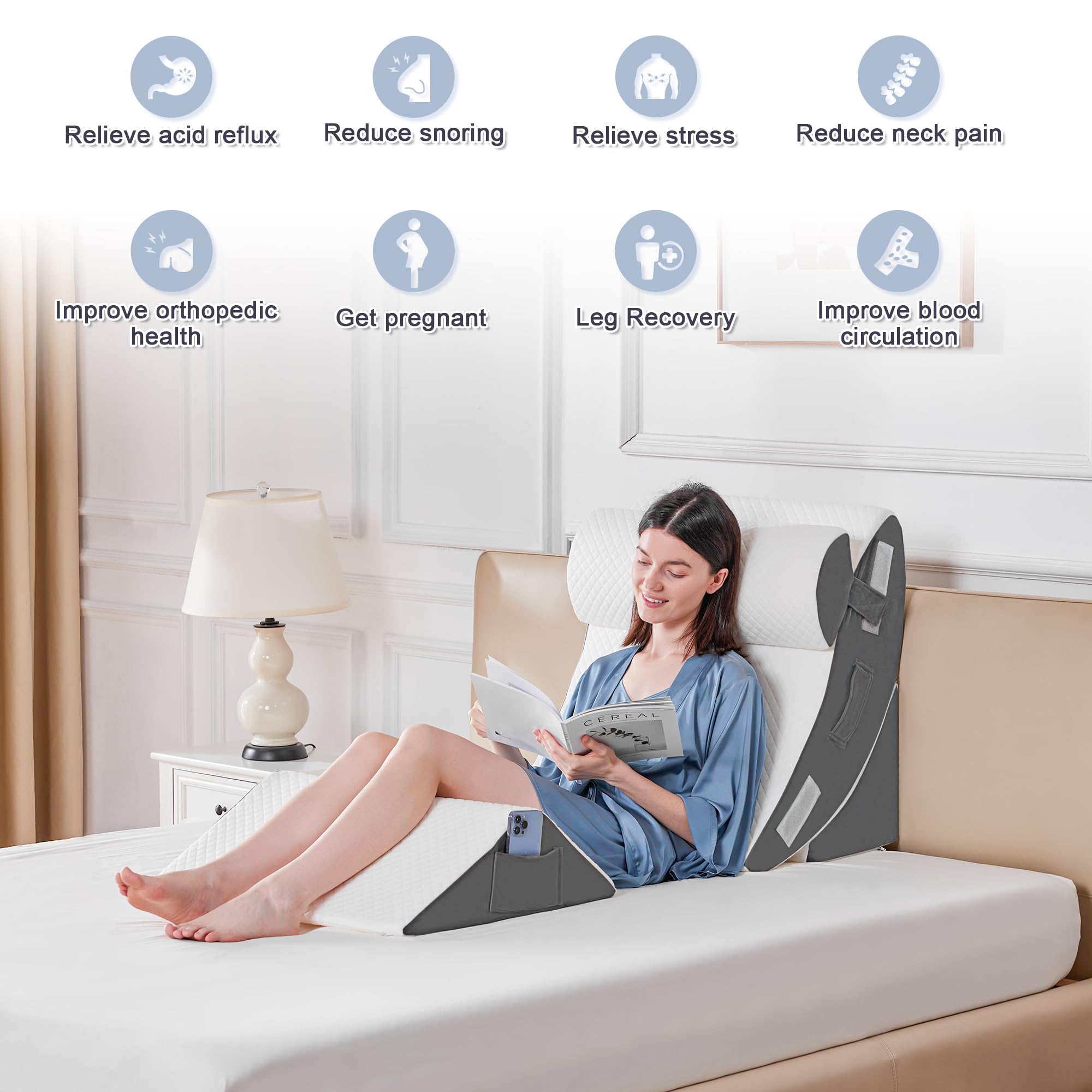 Orthopädische Bett Keil Kissen Set für das Schlafen, Post Chirurgie Schaum Kissen für Körper, Rücken und Beine Schmerzlinderung, Dreieck justierbare Stützkissen mit Säure Reflux Schlafkissen Weiß