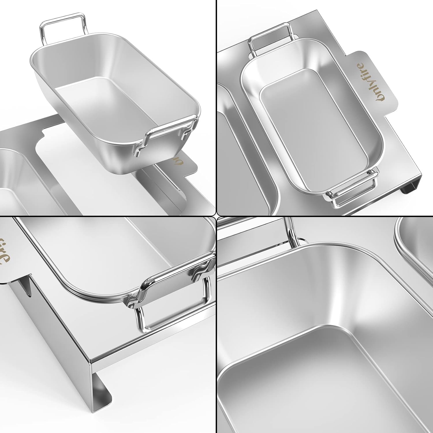 3er Set Edelstahl Grillpfännchen mit Griff & Ständer für Gasgrill | BBQ Grillschalen für Gemüse, Fleisch, Schrimps, Käse und Brot, Trennung von Speisen