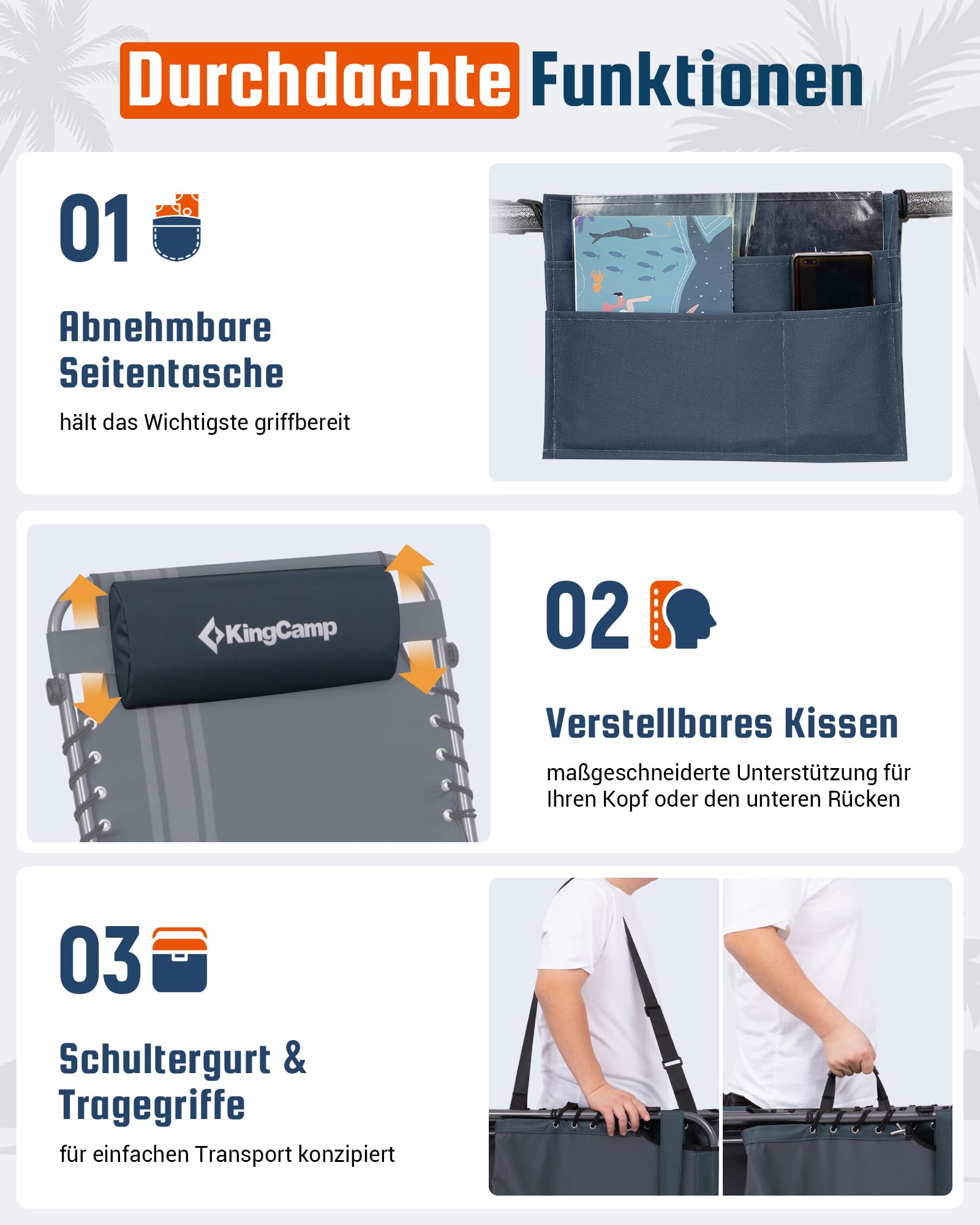 Sonnenliege Klappbar 5-Verstellbare, bis 180 kg, 2er Set, Blau | Gartenliege Klappbar, mit Kopfstütze & Seitentasche, Sonnenliege Wetterfest, Strandliege für Garten Terrasse Pool Camping