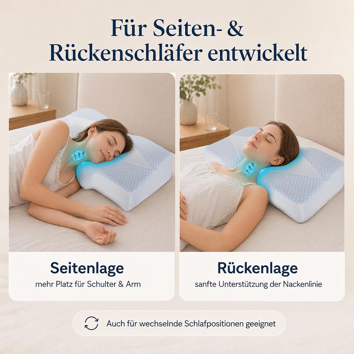 Nackenstützkissen gegen Nackenschmerzen, orthopädisches Kopfkissen, ergonomisches Memory Foam Nackenkissen mit 2 Höhen, Hohlraum & kühlendem Bezug, für Seiten- und Rückenschläfer