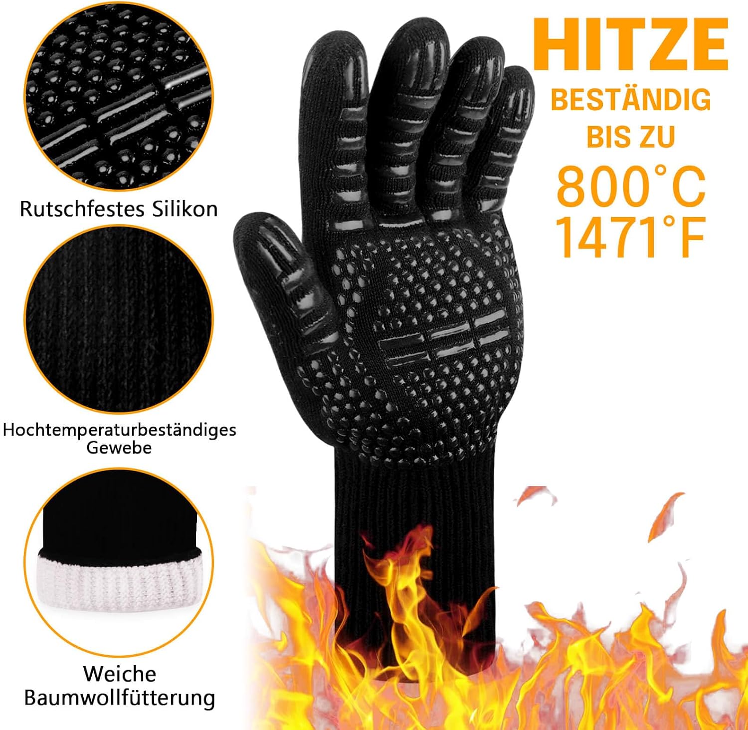 Gants de cuisine Reinalin, résistants à la chaleur jusqu'à 800 °C, gants de four, maniques, gants ignifugés, gants de barbecue, gants de cuisine, gants de pâtisserie (L/XL/XXL, noir) 