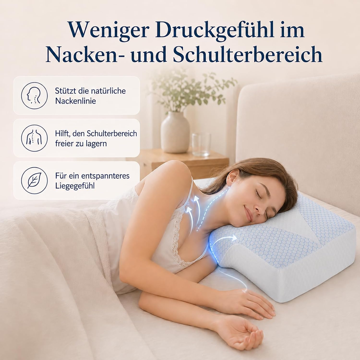 Nackenstützkissen gegen Nackenschmerzen, orthopädisches Kopfkissen, ergonomisches Memory Foam Nackenkissen mit 2 Höhen, Hohlraum & kühlendem Bezug, für Seiten- und Rückenschläfer