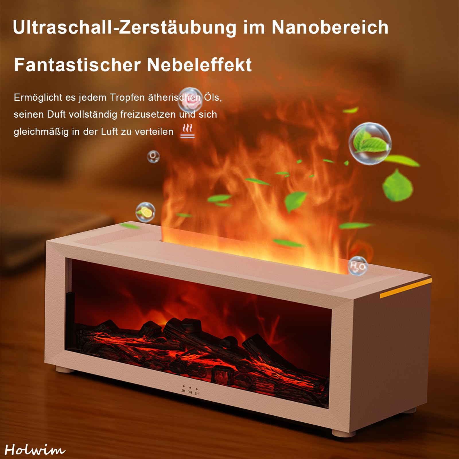 Aroma Diffusor mit LED-Kamin, Duftöl Diffusor für ätherische Öle mit 7-farbigem Lichtflammeneffekt, 150 ml Luftbefeuchter mit Fernbedienung, 4-Timer, Wasserloses Automatisches Ausschalten