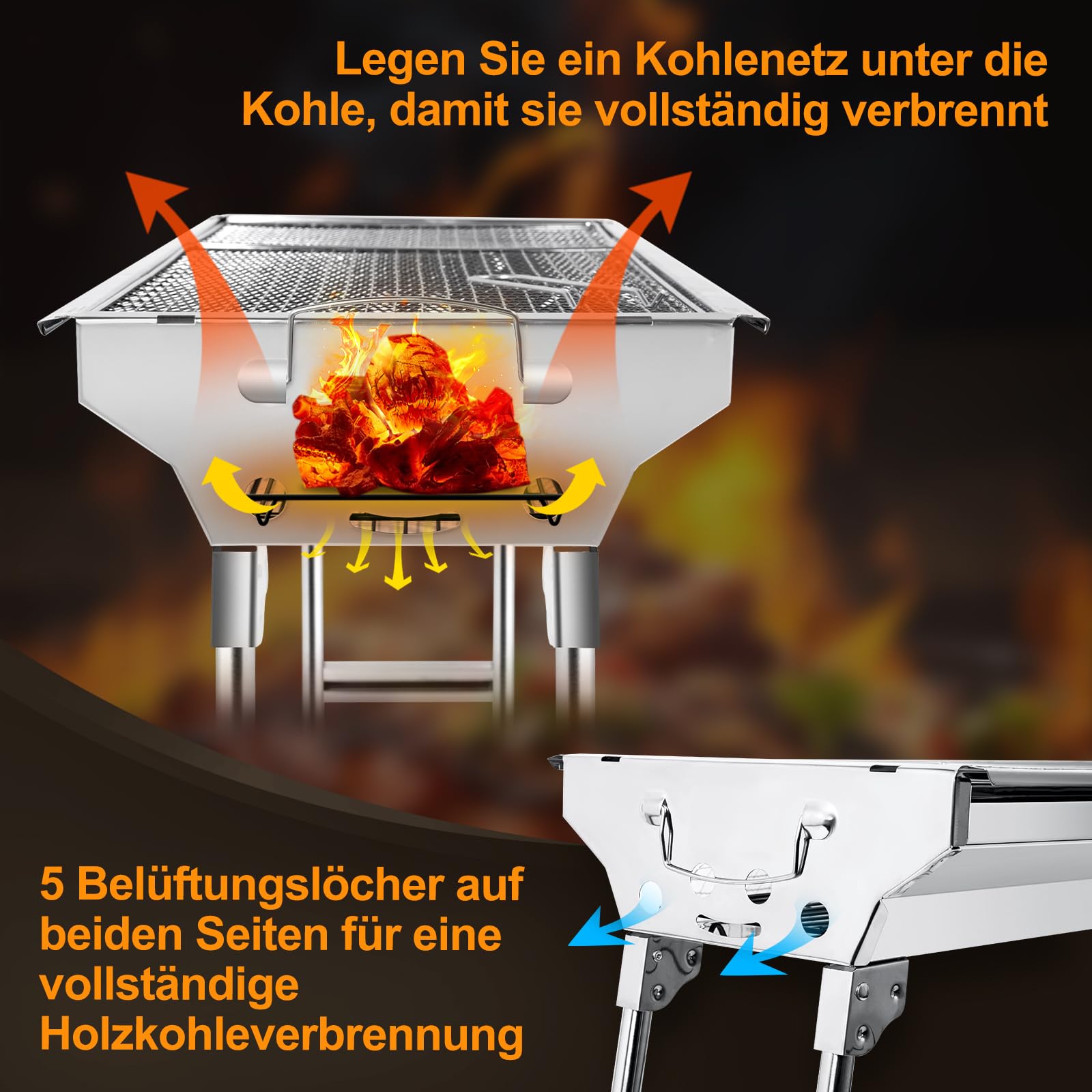 Holzkohlegrill Picknickgrill Edelstahl Kleiner Grill Portabler Campinggrill Abnehmbare BBQ Grills für Outdoor Garten Party