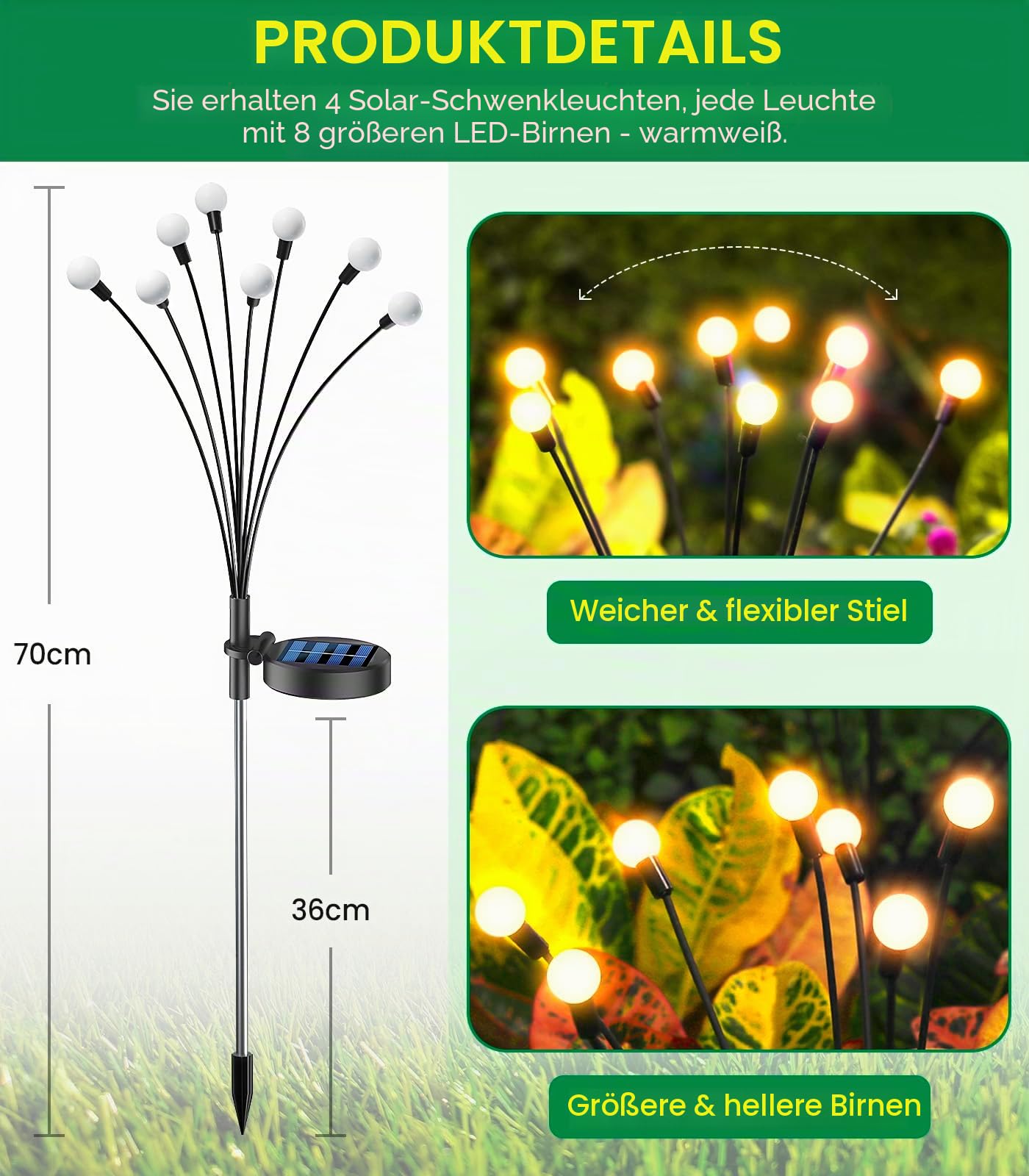 Solarlampen für Außen Garten 4 Stück, 32LED Superhelle 2 Lichtmodi Glühwürmchen Solarleuchten für Außen mit Warmweißem Licht IP65 Wasserdicht Schwingende Garten-Deko für Pathway Yard