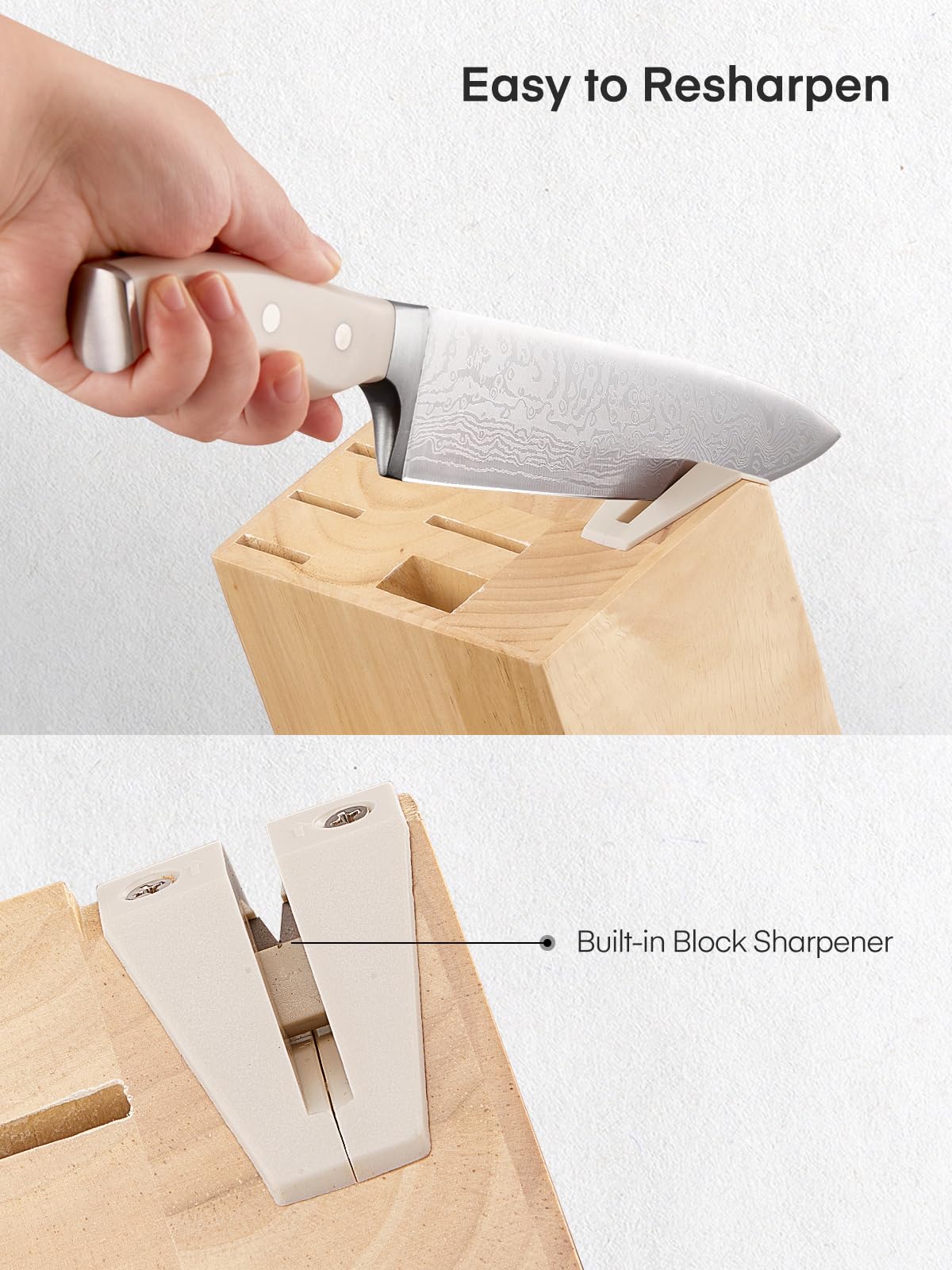 Messerblock Set, 14-teiliger selbstschärfender Messerblock mit Messer, scharfer Edelstahlmessersatz mit Kunststoffgriff und Holzblock, professionelles Küchenmesserset
