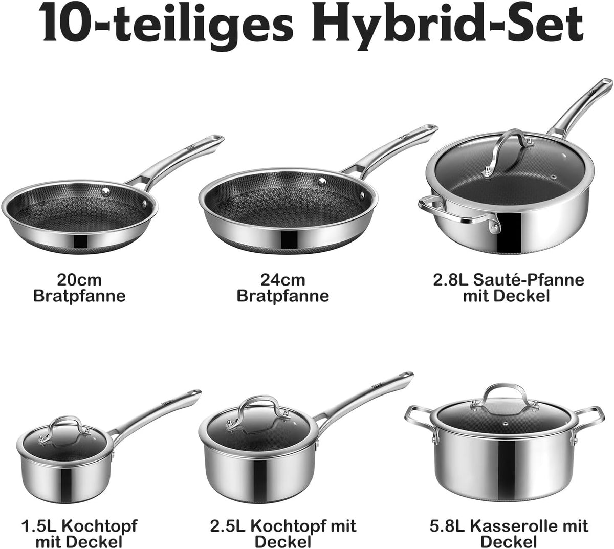 Topfset Edelstahl 10-teilig, Induktions Töpfe Set mit Antihaft, 20&24cm Bratpfanne, 1,5&2,5L Stielkasserolle, 5,8L Kochtopf, 2,8L Sautepfanne, Topfset für Alle Herdarten, Ofen & Spülmaschinengeeignet