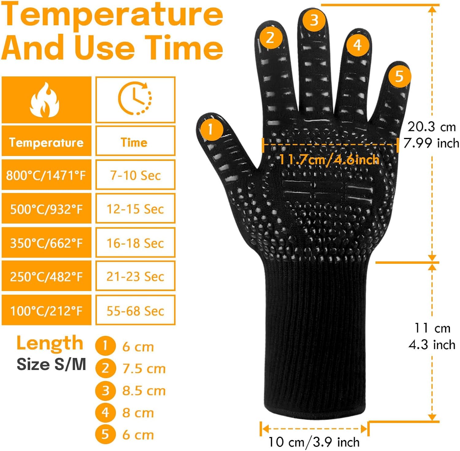 Gants de cuisine Reinalin, résistants à la chaleur jusqu'à 800 °C, gants de four, maniques, gants ignifugés, gants de barbecue, gants de cuisine, gants de pâtisserie (L/XL/XXL, noir) 