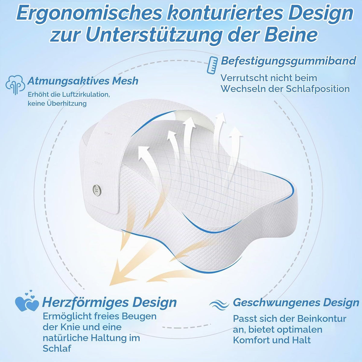 Kniekissen Seitenschläfer, Memory Foam Beinkissen m. Riemen, Ergonomisch