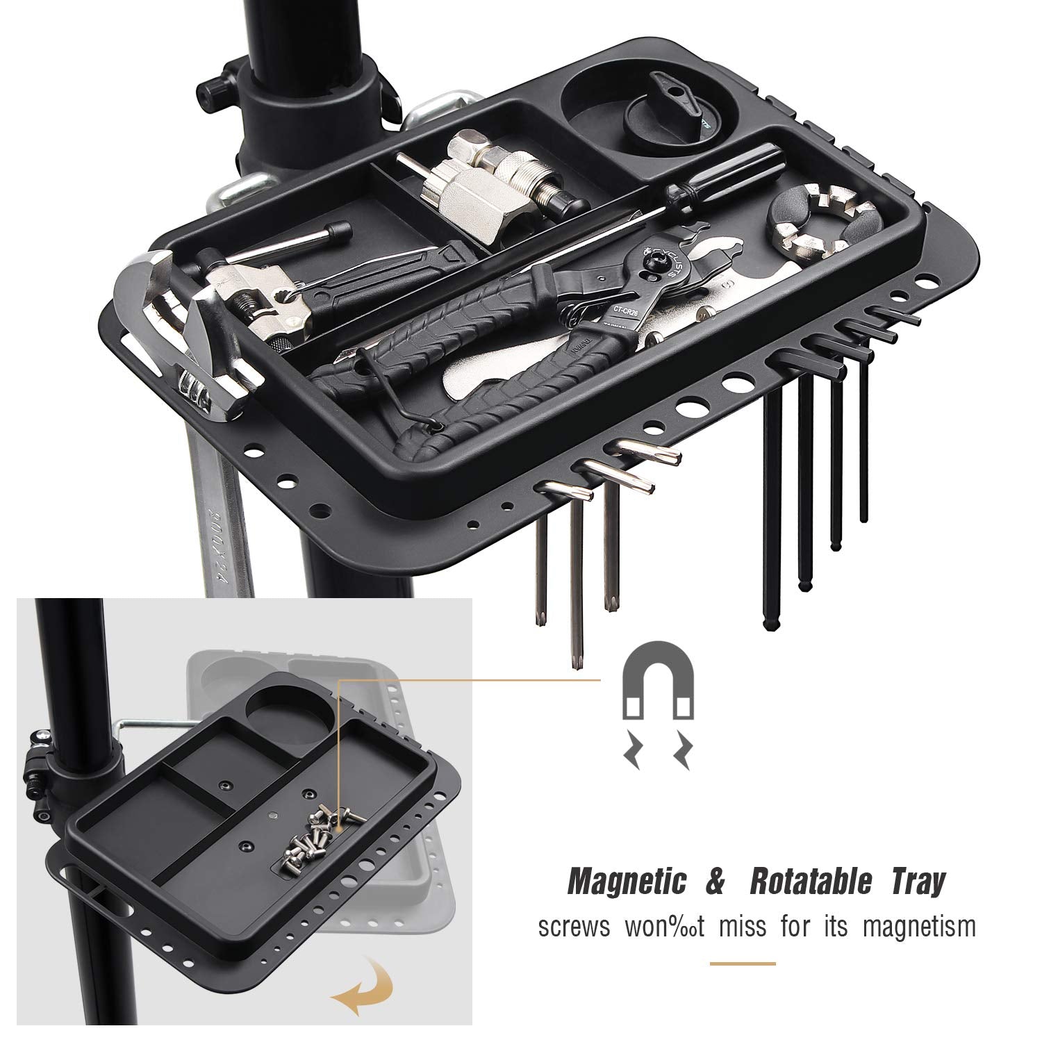 Fahrradmontageständer - Professioneller Reparaturständer mit Werkzeugschale und magnetischem Fach, drehbar und faltbar, maximale Belastung 30 kg