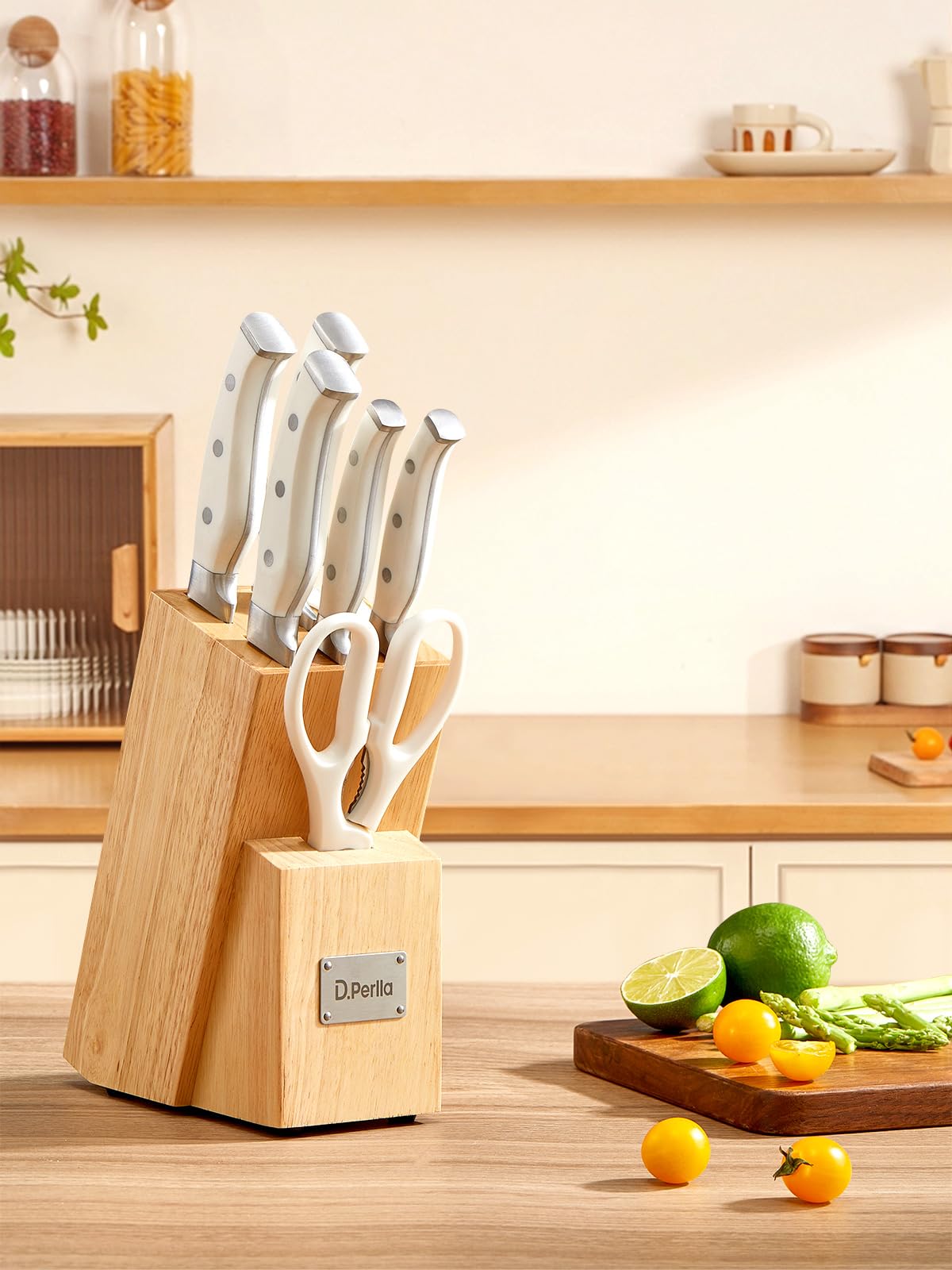 Messerblock Set, 14-teiliger selbstschärfender Messerblock mit Messer, scharfer Edelstahlmessersatz mit Kunststoffgriff und Holzblock, professionelles Küchenmesserset